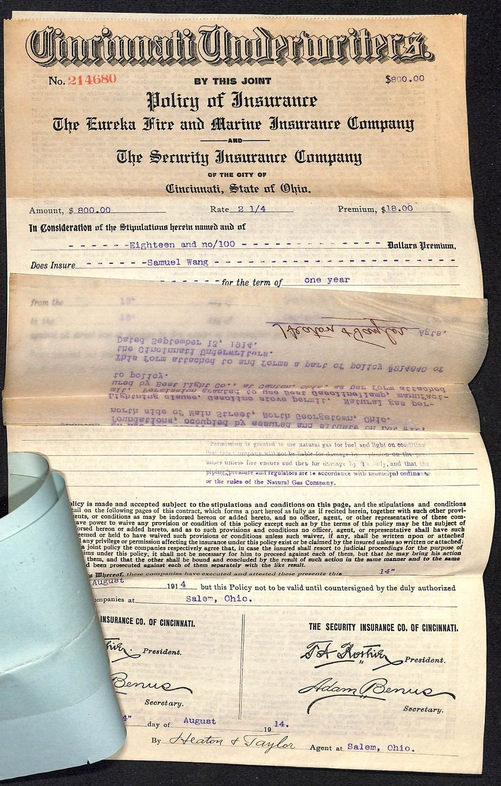 Heaton & Taylor Insurance Salem Samuel Wang Co* North Georgetown 1915 Policy