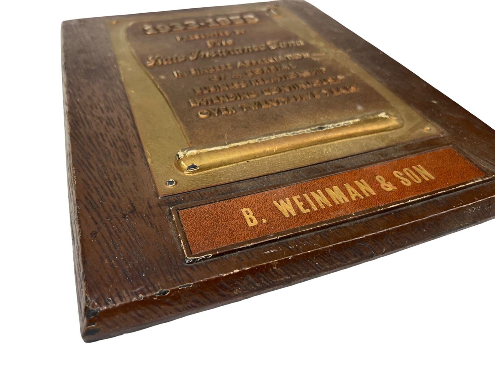 Vintage 1933-1958 PLAQUE SIGN Plastic Wood B. WEINMAN & SON State Insurance Fund