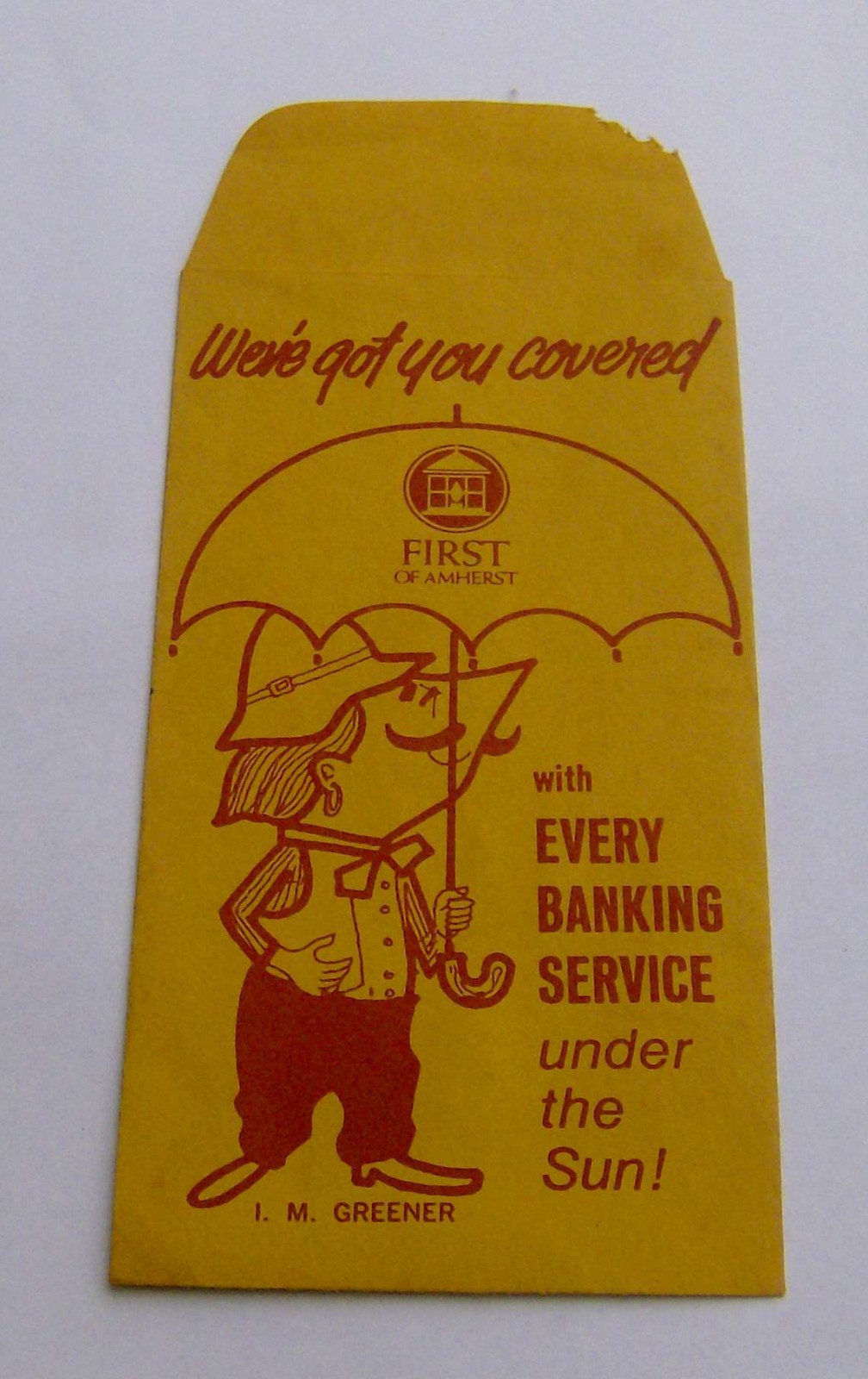 vintage 1970s FIRST NATIONAL BANK AMHERST Envelope cartoon mascot Massachusetts