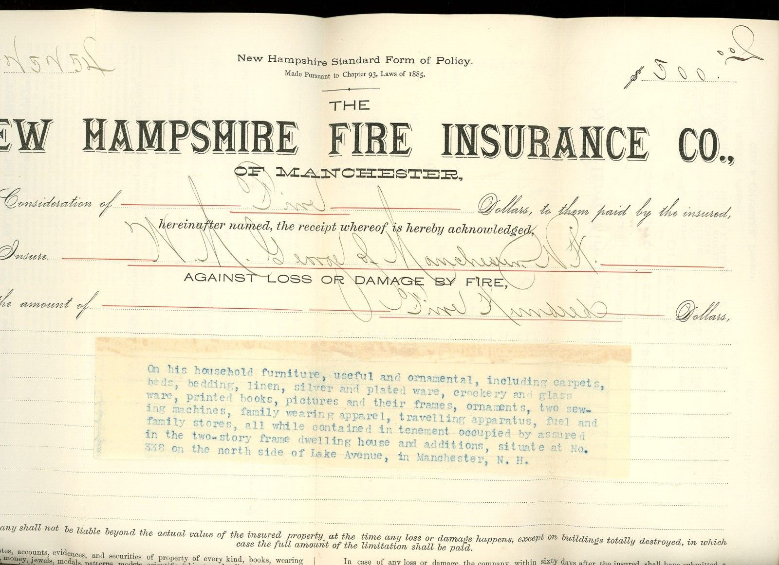 1889 New Hampshire Fire Insurance Company of Manchester Policy