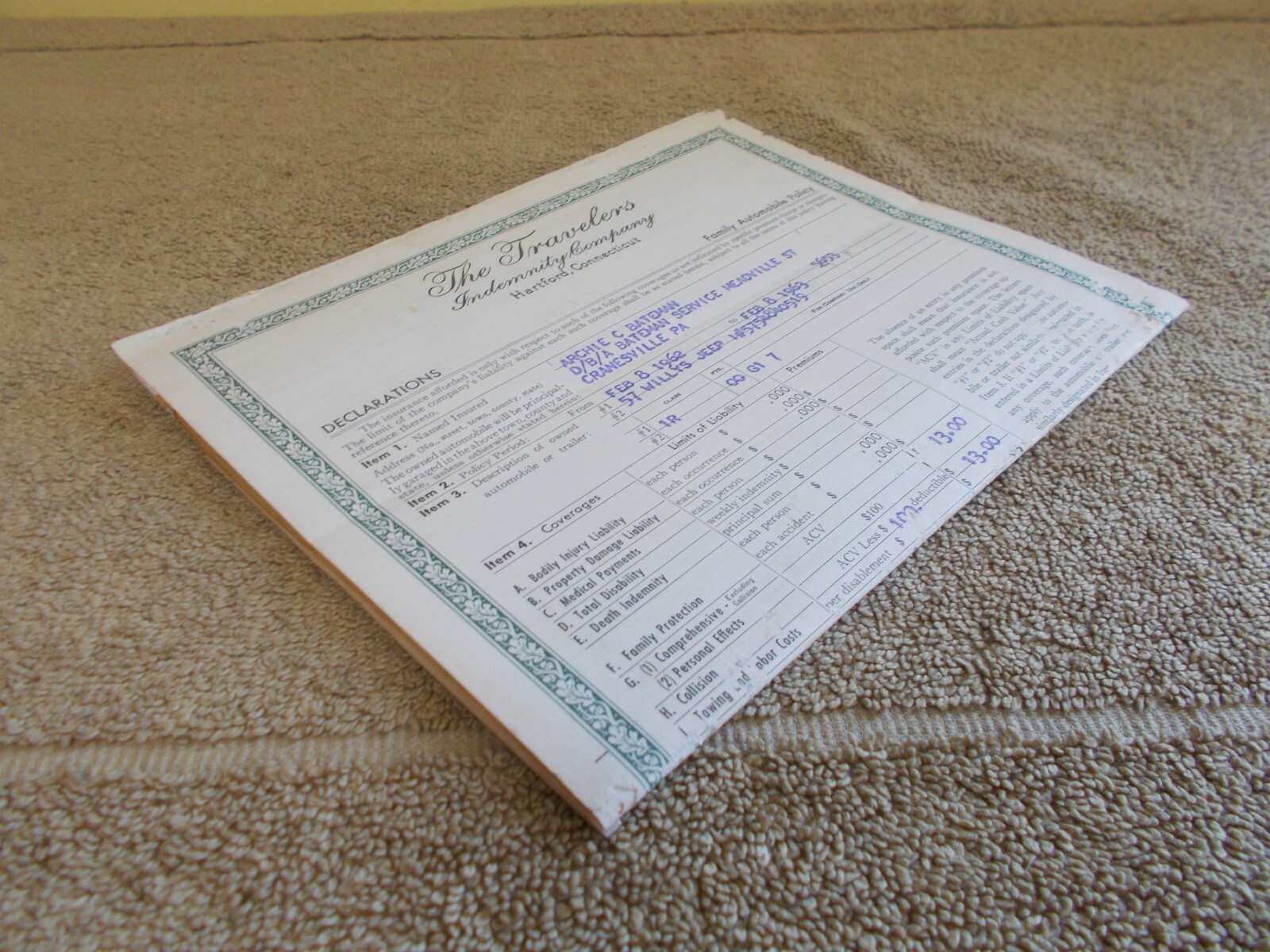 VINTAGE 1962 TRAVELERS AUTO INSURANCE . POLICY PAPER 1957 WILLYS JEEP ADVERTIZE