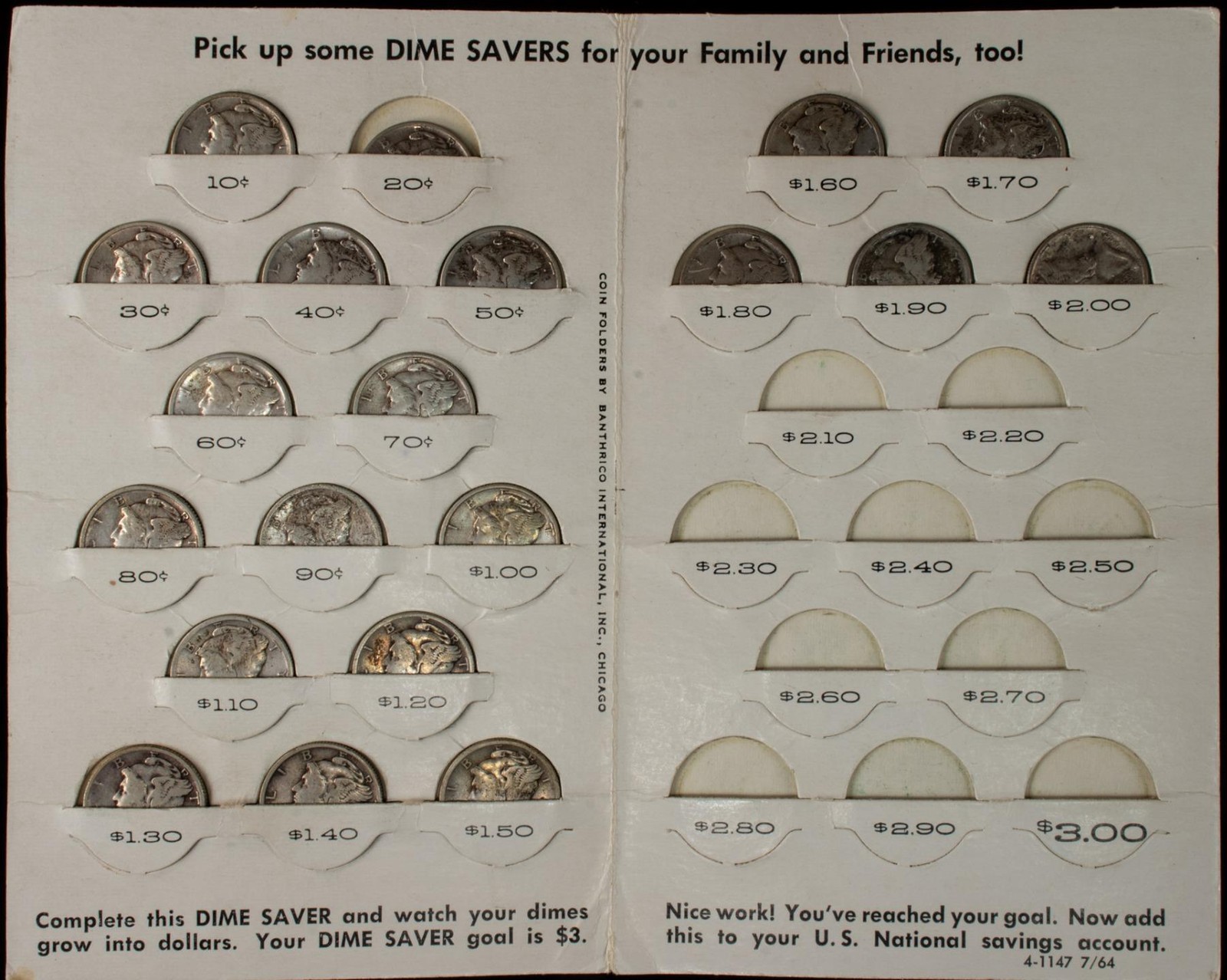 20 Mercury Dimes U.S. Bank Dime Saver Card Savings Account $3.00 90% Silver