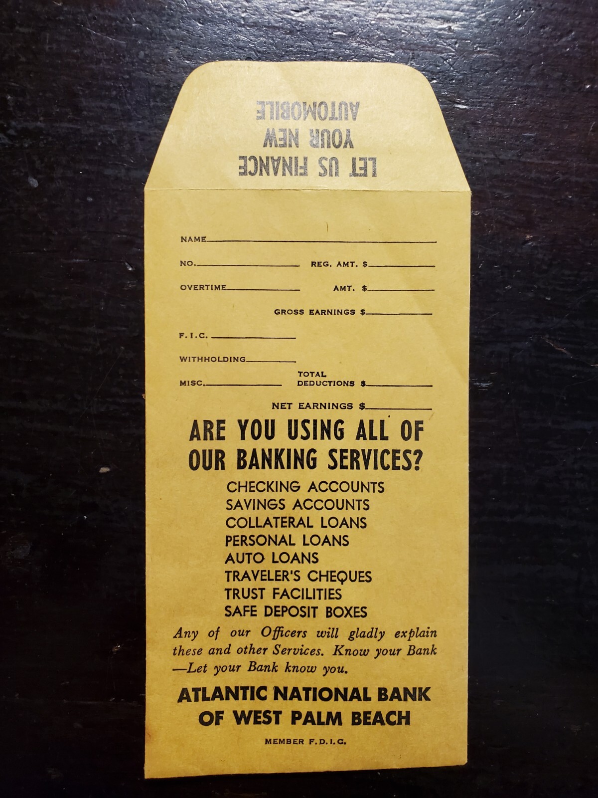 Vintage Atlantic National Bank Deposit Envelope West Palm Beach Florida