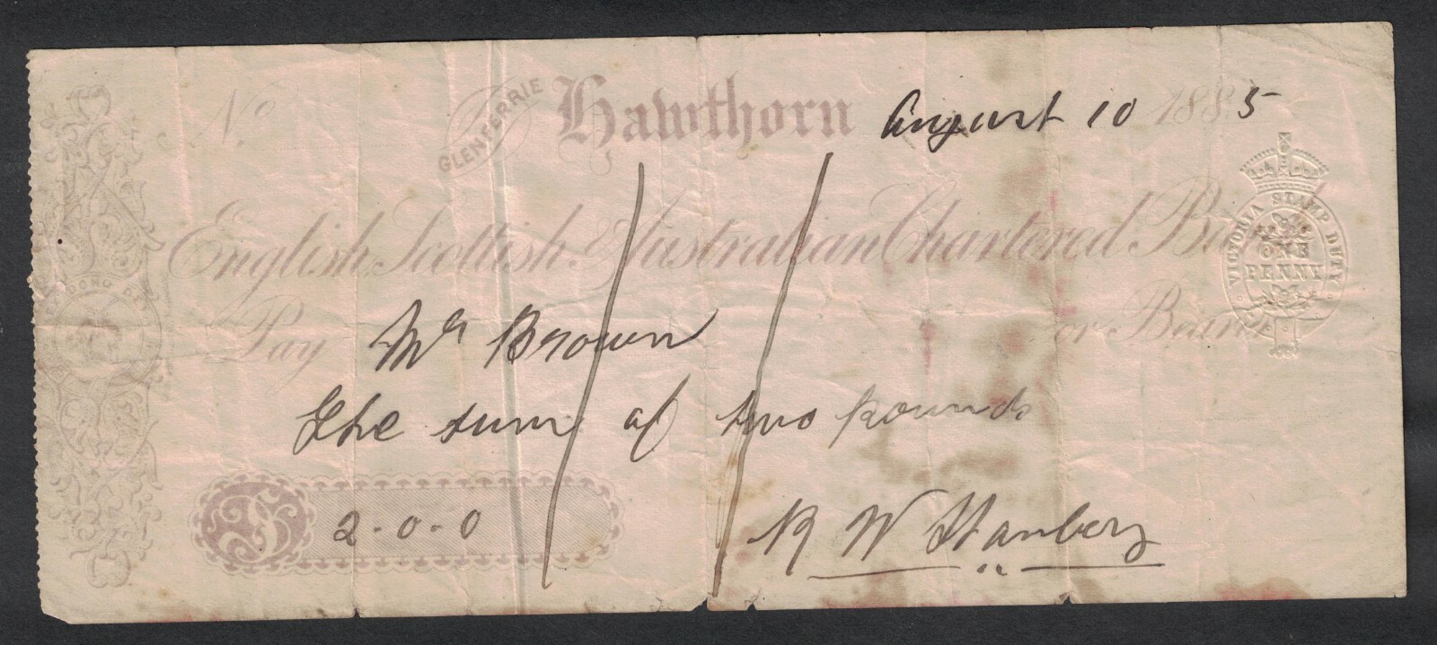 English Scottish Industrailian Chartered Bank Receipt 1885
