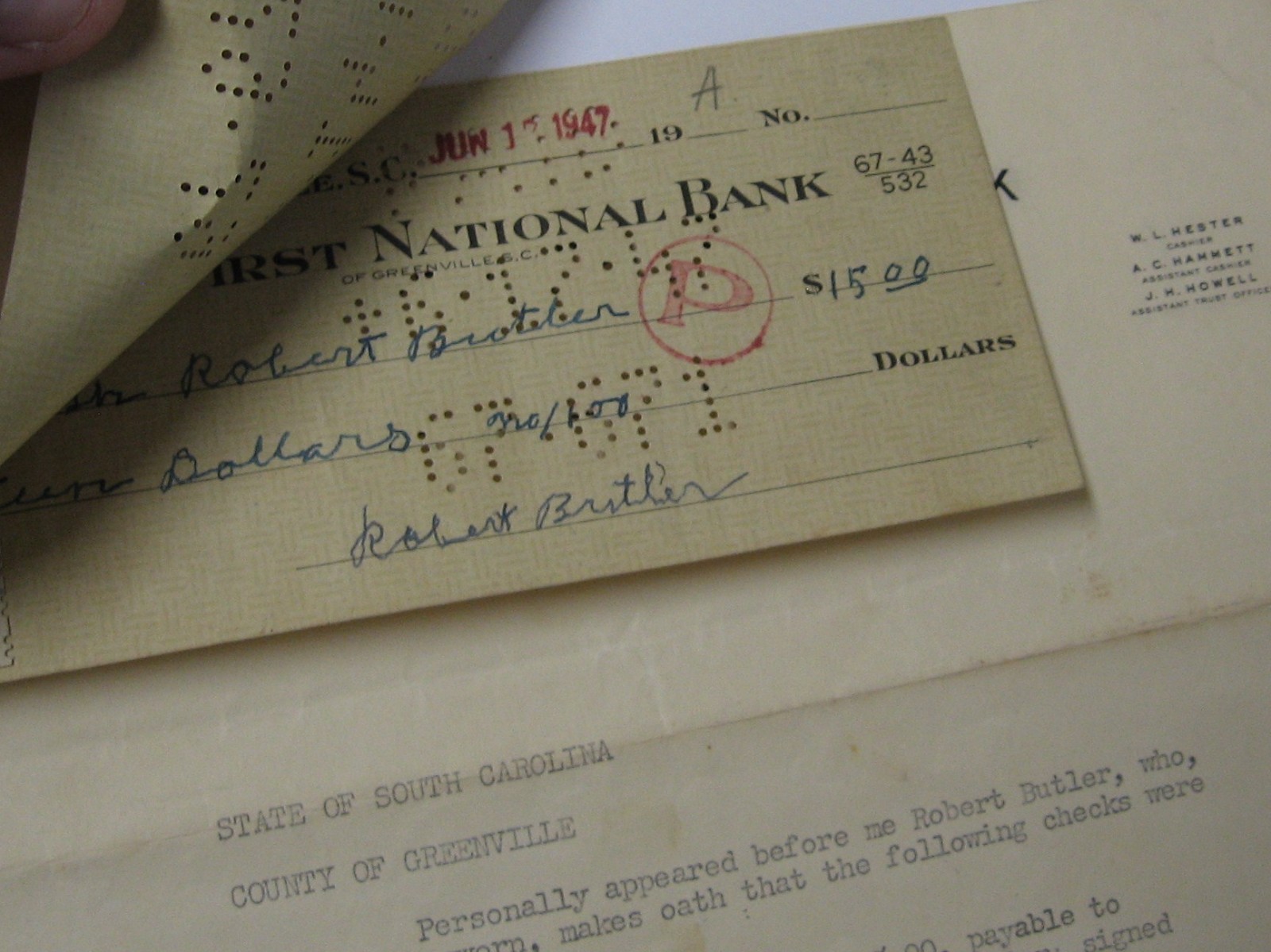 3-Late 1940’s signed letters /check receipts- 1st National Bank Greenville of SC