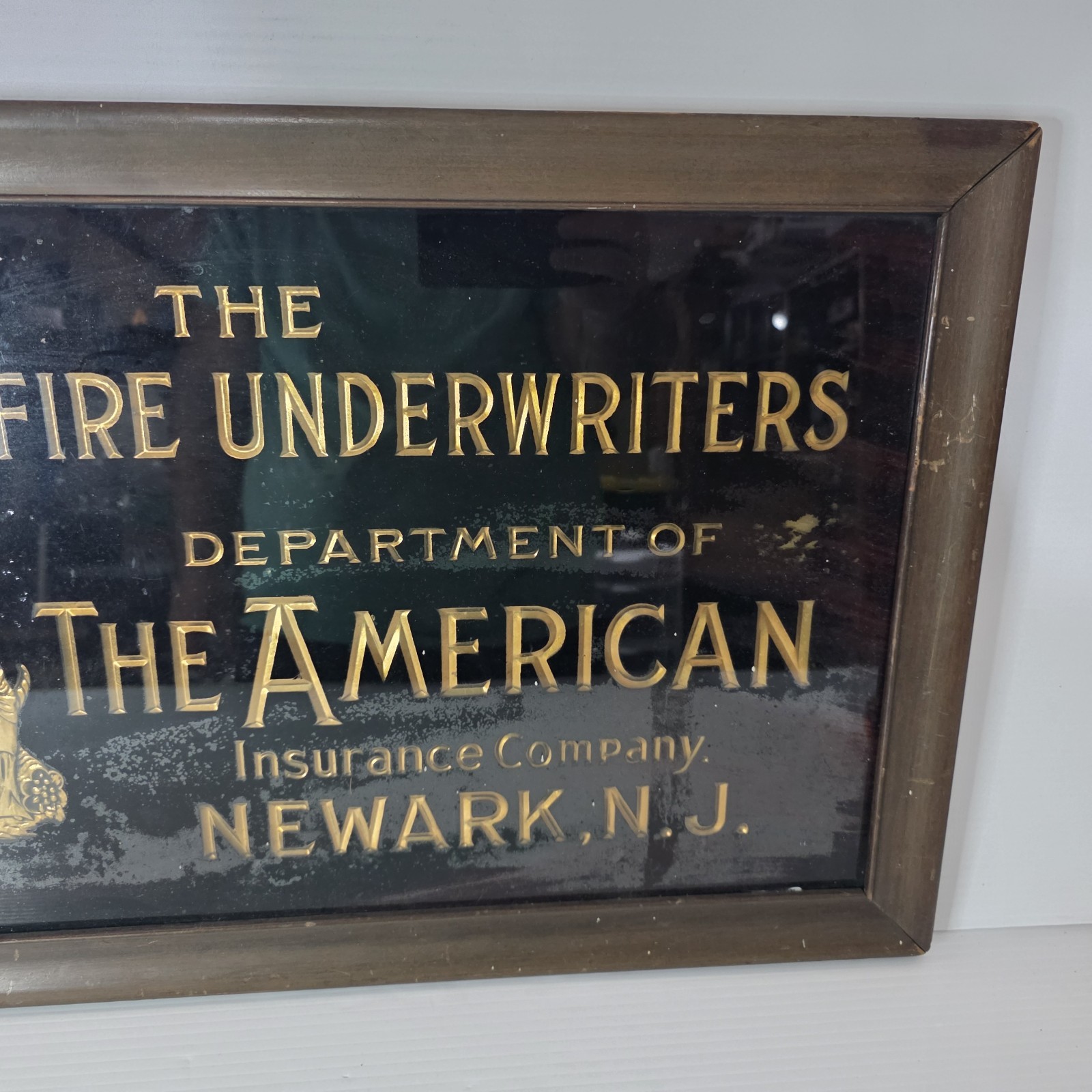 The American Insurance Company Vintage Sign Reverse Glass Painted Jersey Fire