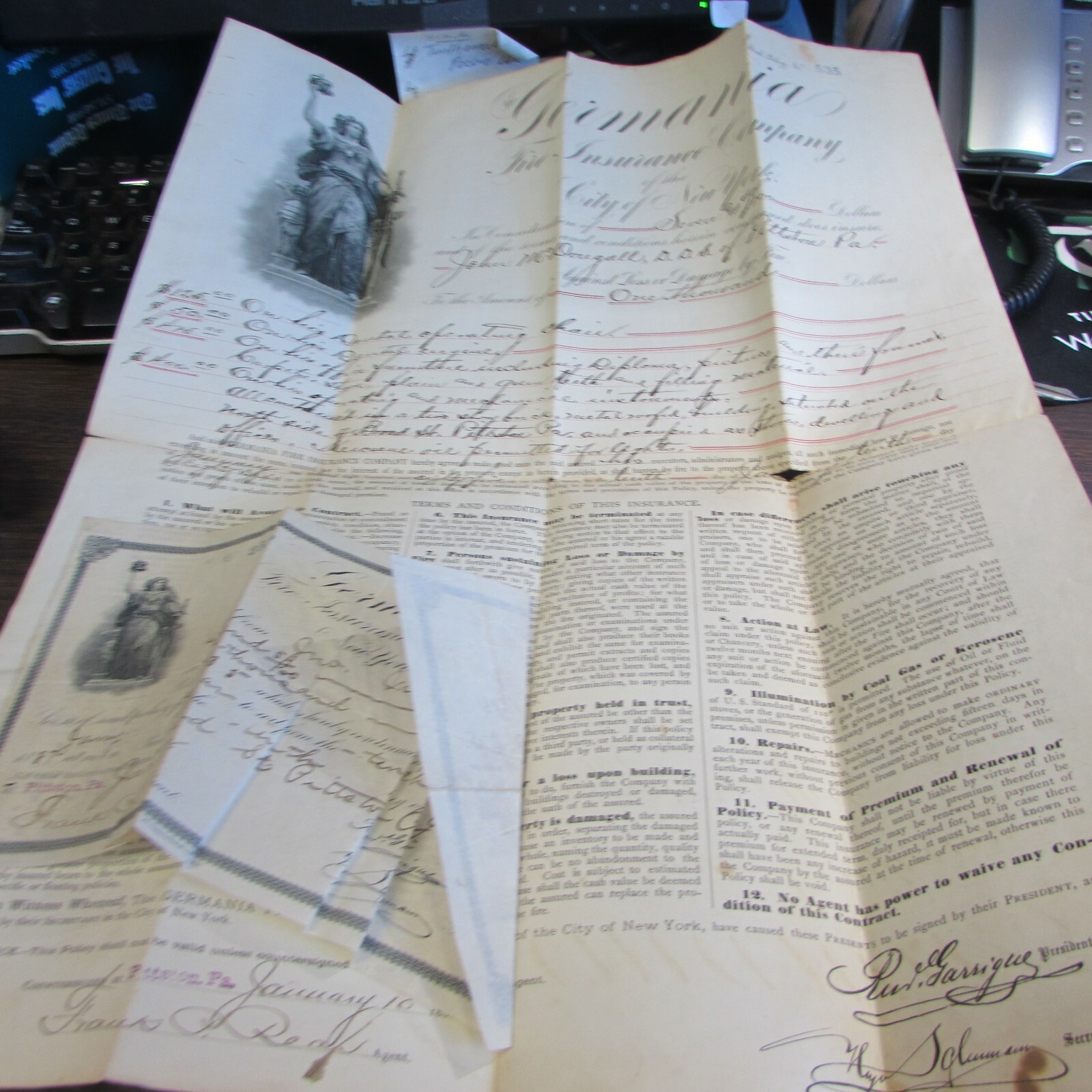 1885 GERMANIA FIRE INSURANCE COMPANY – ORIGINAL POLICY – PITTSTON PA – VG