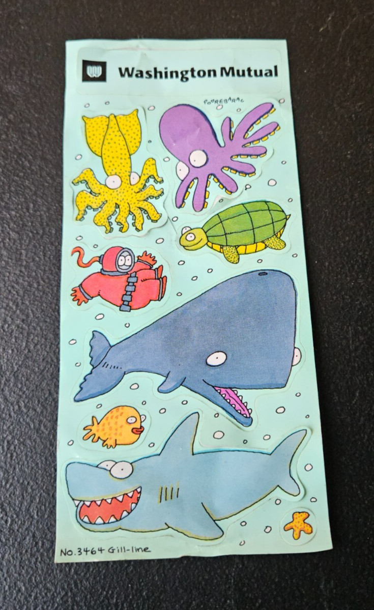 WASHINGTON MUTUAL, SOUVENIR AQUATIC ANIMAL STICKER SHEET. NO. 3464 GILL LINE