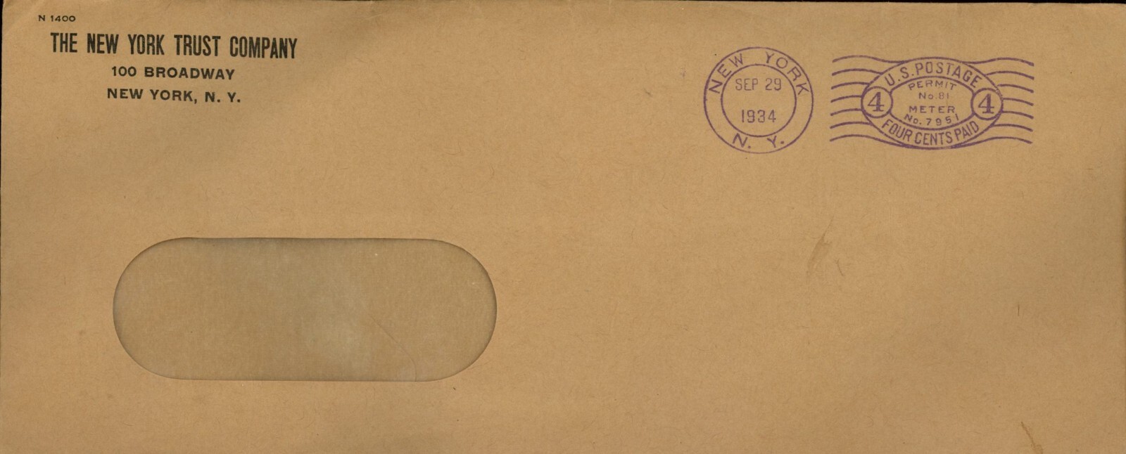 1934 New York Trust Company Envelope 4 CENT Metered Postage