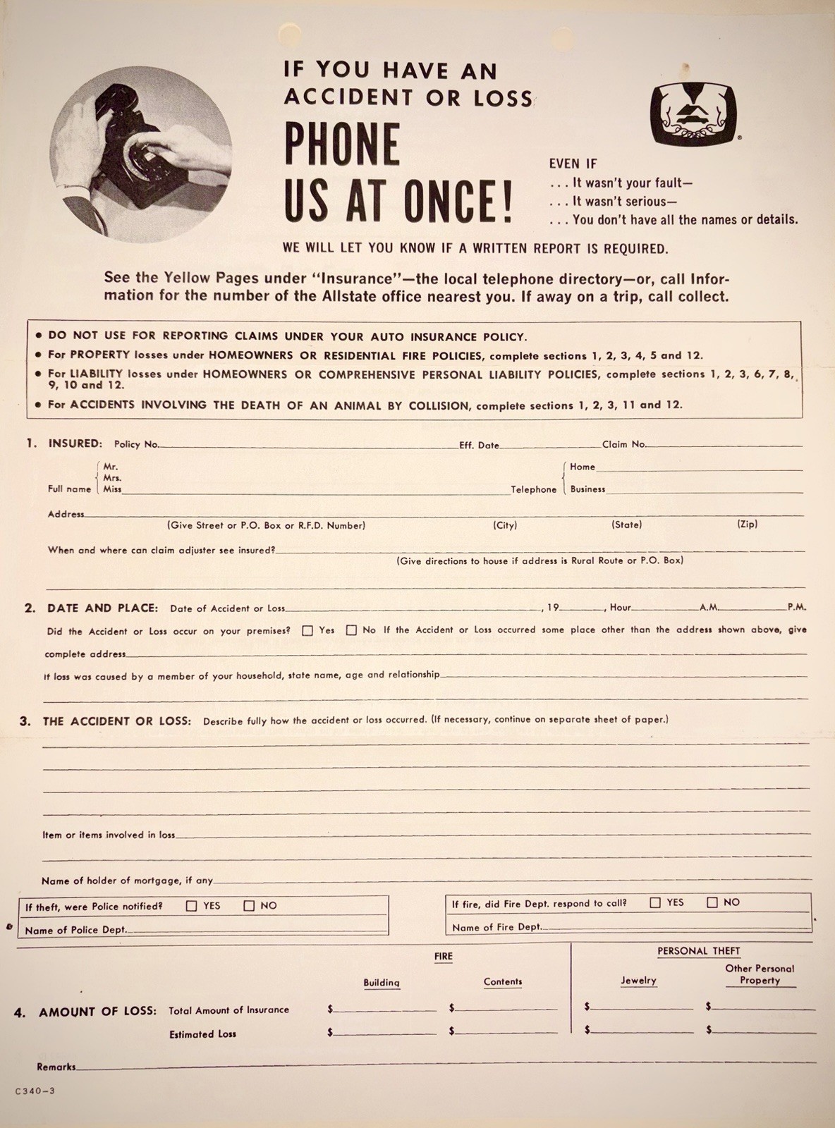 Allstate Insurance Vintage Accident Form Circa 1950’s – 1960’s