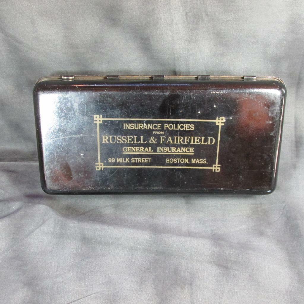 ca 1920 Antique Tin Insurance Box RUSSELL & FAIRFIELD, 99 Milk St., Boston, Mass