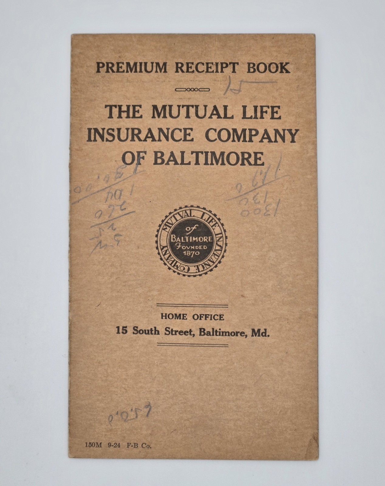 1924 Mutual Life Insurance Co of Baltimore Receipt Book