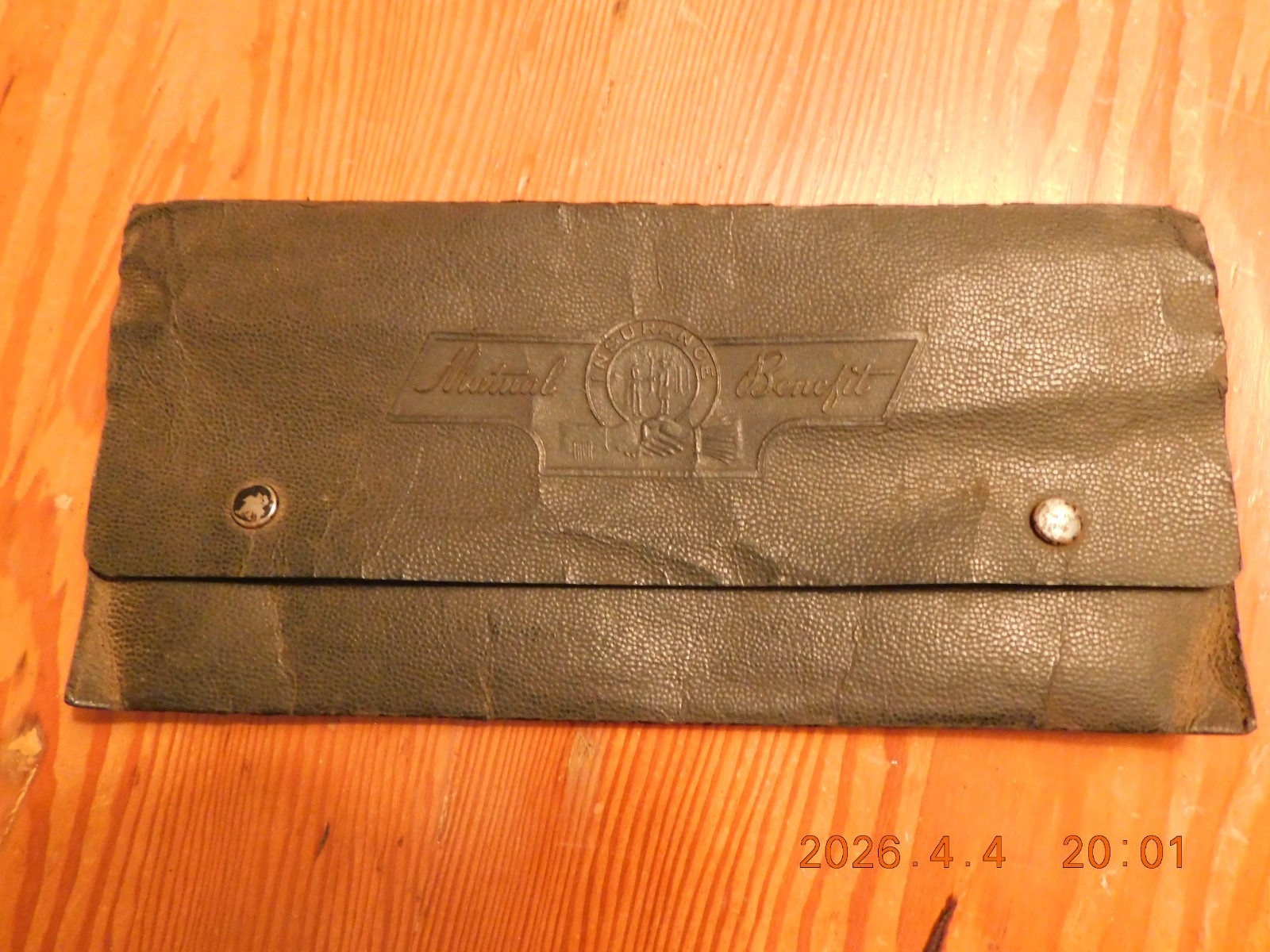 Early vintage “Mutual Benefit Insurance” black Naugahyde document holder w/snaps