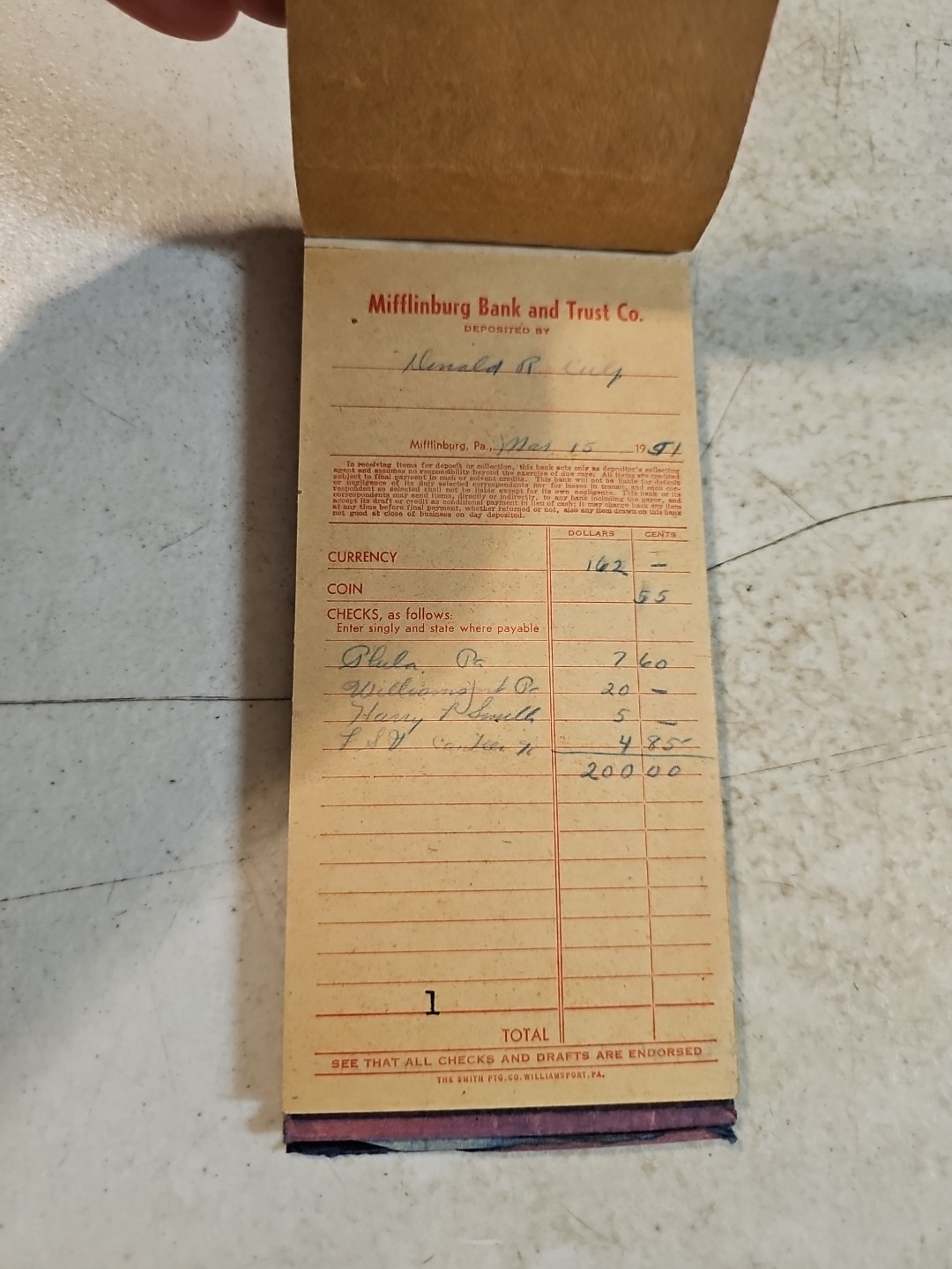 Vintage 1951 Mifflinburg Bank and Trust Co. Deposit Receipt Book Mifflinburg, PA