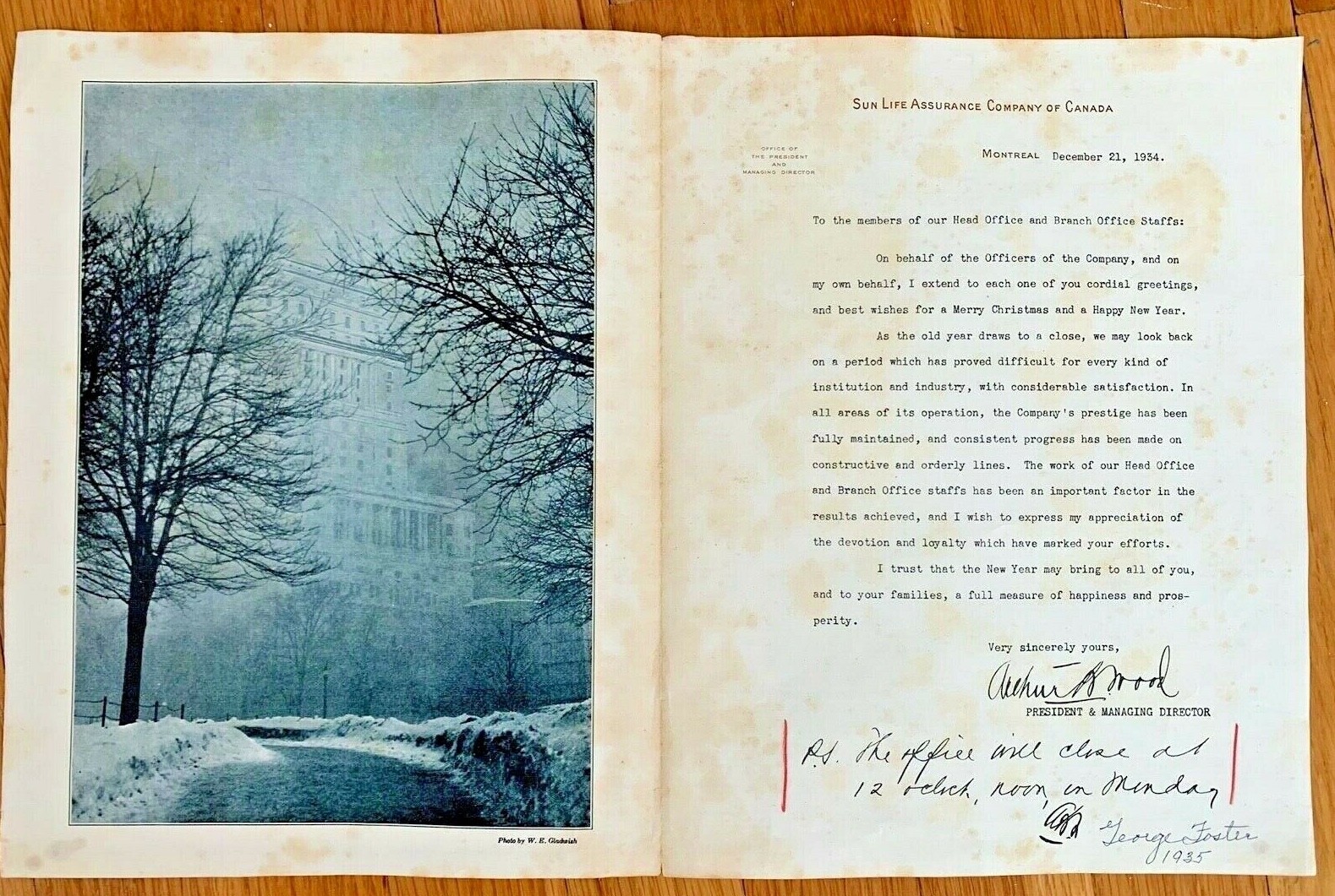 vtg 1934 Sun Life Assurance Canada CHRISTMAS LTR photo art nouveau sign Montreal