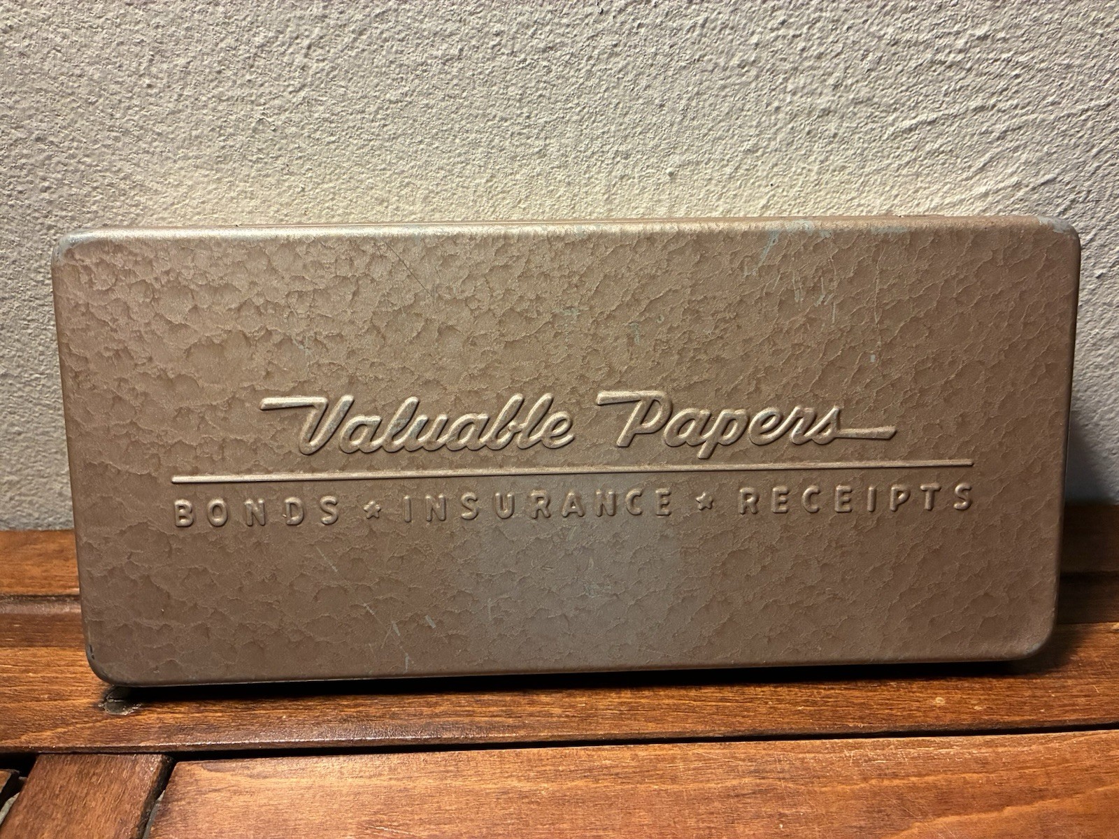Vintage 1960s Valuable Papers Pressed Steel Metal Insurance Box Bonds Receipts