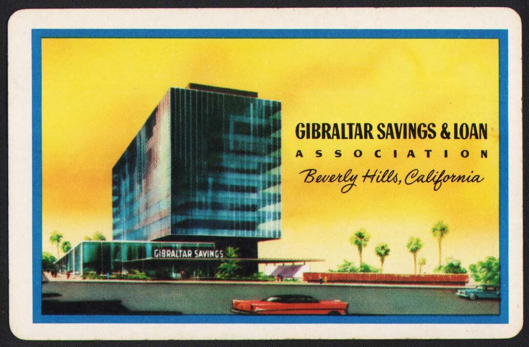 Vintage single playing card GIBRALTAR SAVINGS and LOAN blue Beverly Hills Calif