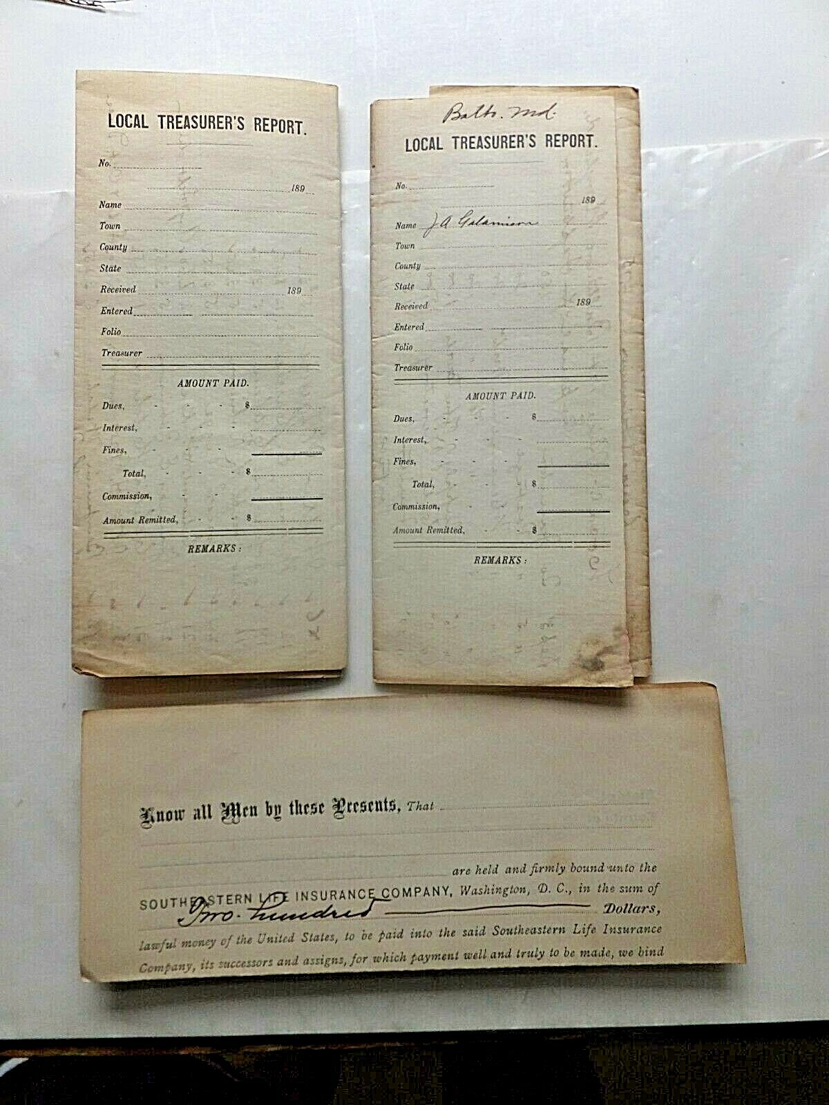 1892 Southeastern Life Ins. Co. Bond, Statement and Expense Report for SC Agent
