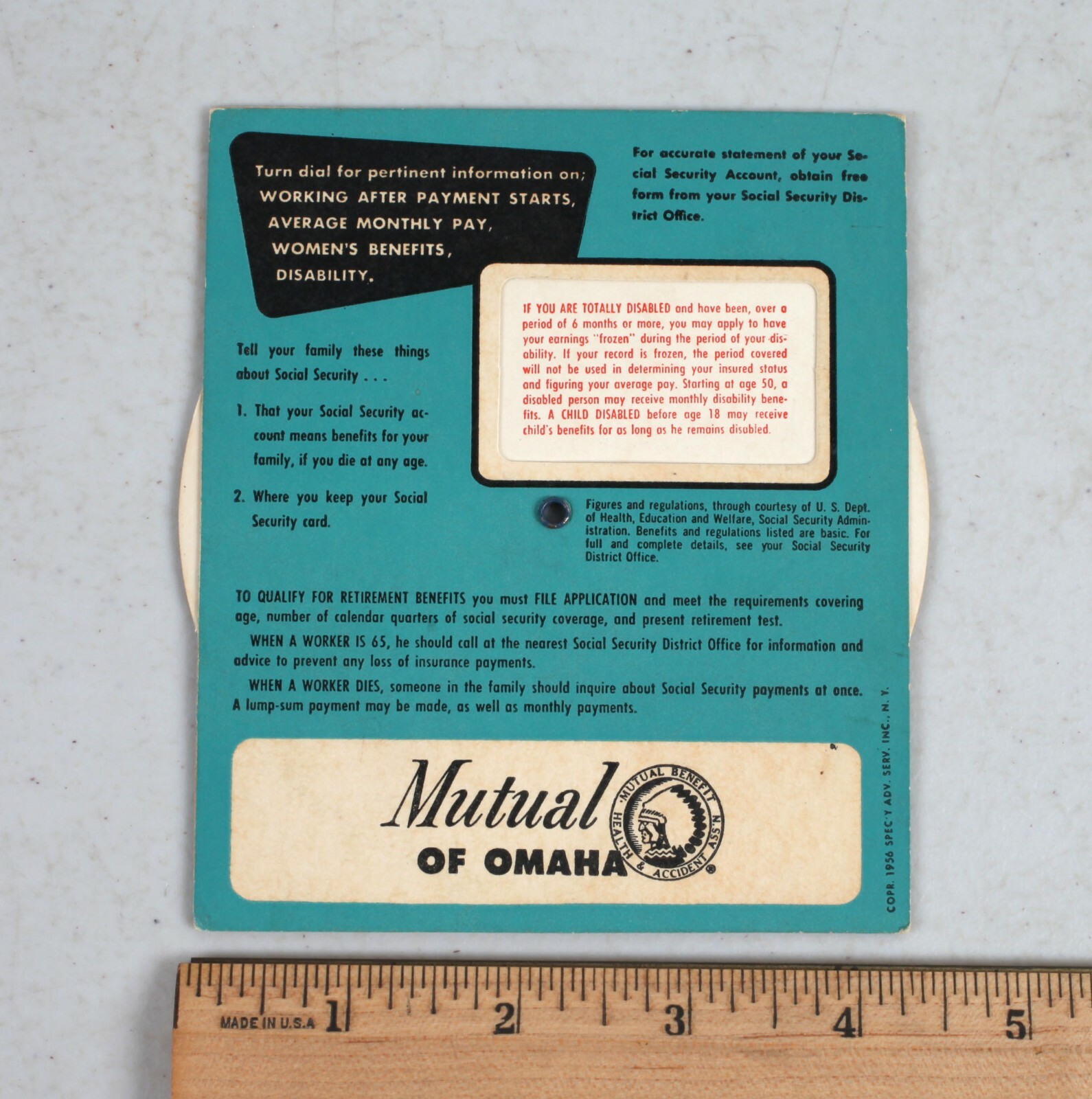 Vintage 1956 Mutual of Omaha Social Security Benefits Calculator Wheel