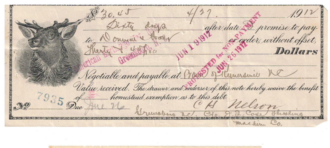 VTG 1912 BOUNCED PROMISSORY NOTE! THE BANK OF KERNERSVILLE, NC~JI CASE THRESHING