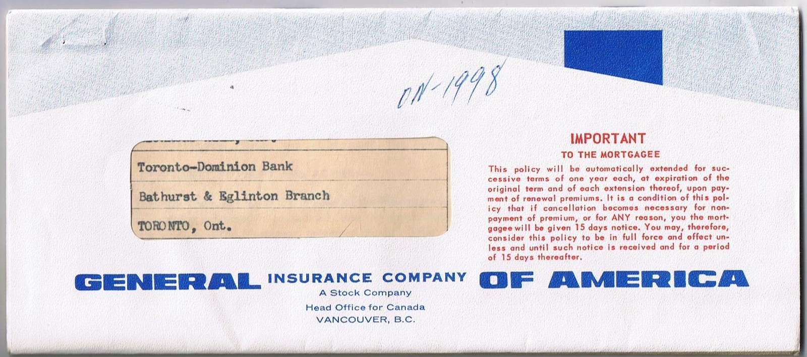 Vintage Insurance Policy General Insurance Company Of America 1961-62