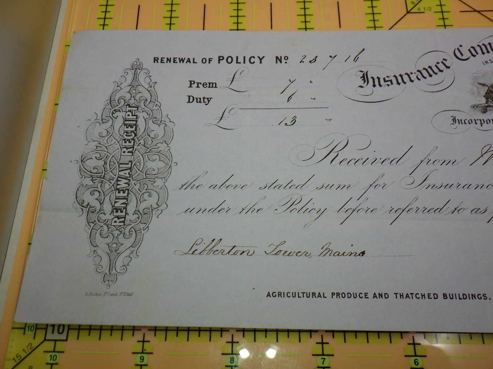 1857 Insurance Company of Scotland Fire Receipt Liberton Tower Mains Edinburgh