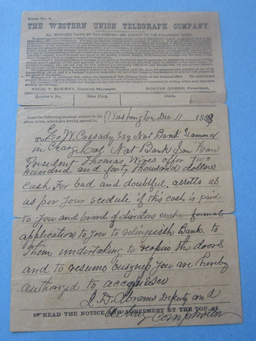 Original 1888 CALIFORNIA NATIONAL BANK – TELEGRAM – President THOMAS – TAKE OVER