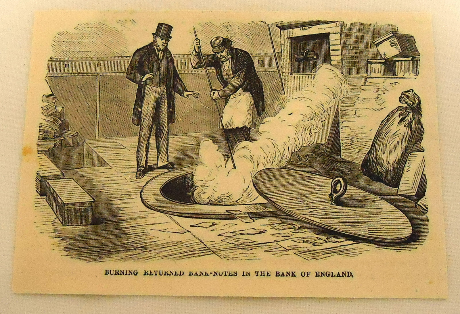1879 magazine engraving ~ BANK OF ENGLAND ~ burning returned bank notes