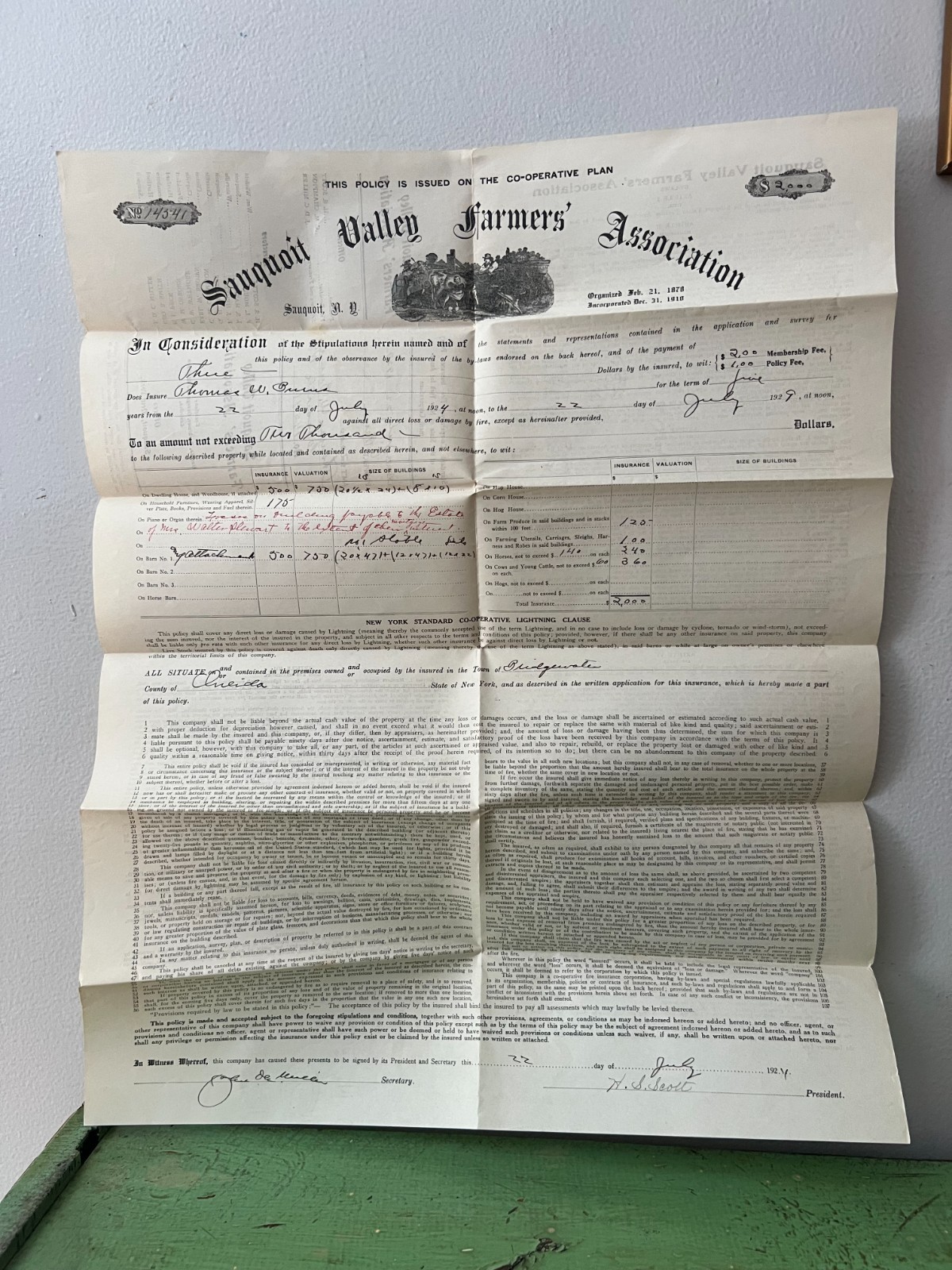 Antique Farm Insurance Document. HUGE, Sauquoit Valley Farmers Association Paper