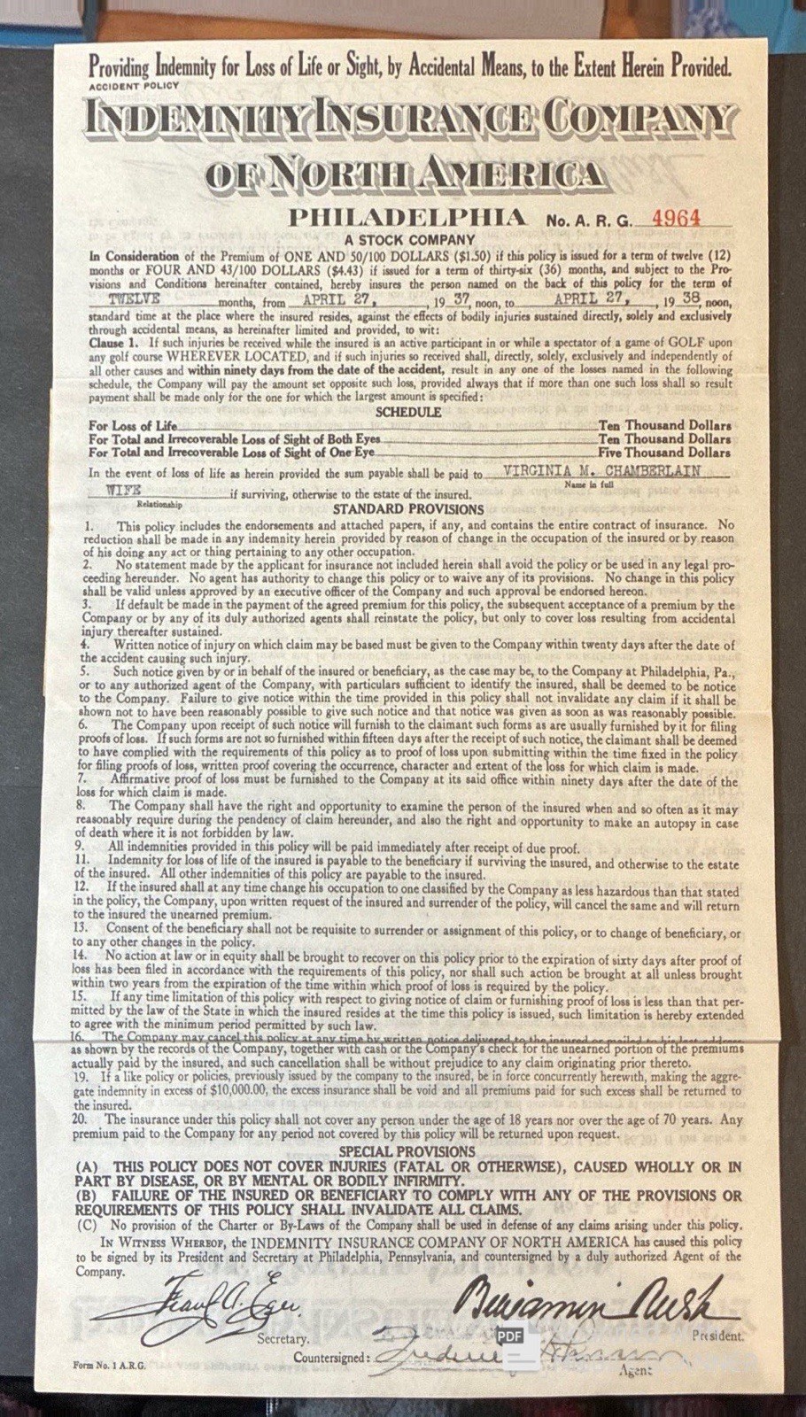 ALL RISK GOLF POLICY, IMDEMNITY INSURANCE CO. of NORTH AMERICA 1937-1938