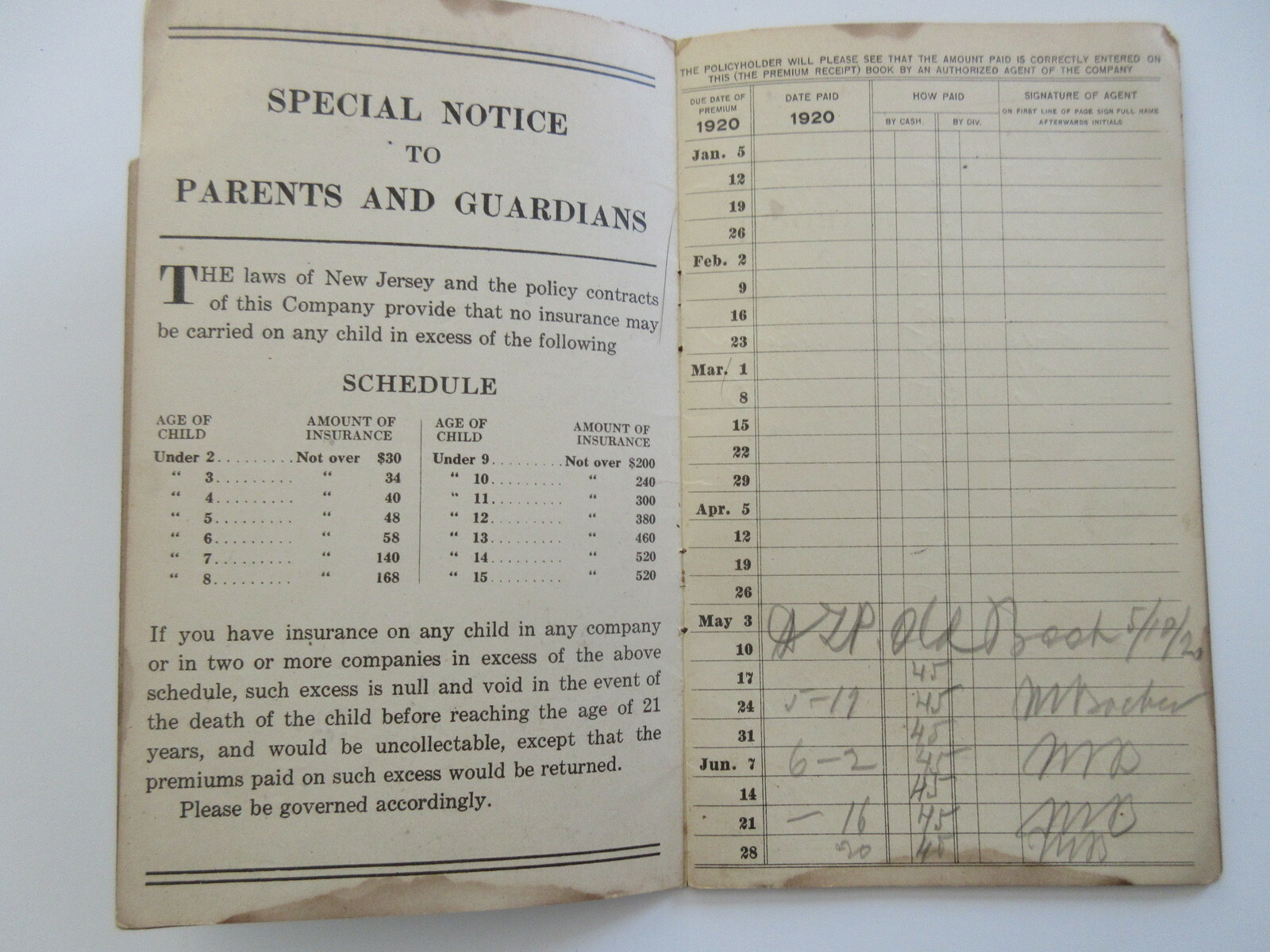VINTAGE 1920 PREMIUM RECEIPT BOOK Prudential Insurance Co of America NEWARK NJ