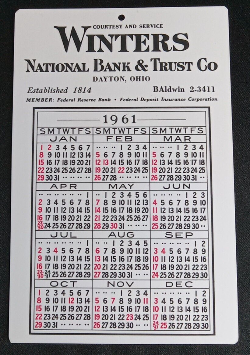 Dayton Ohio Winters National Bank Trust 1961 Hard Plastic Calendar