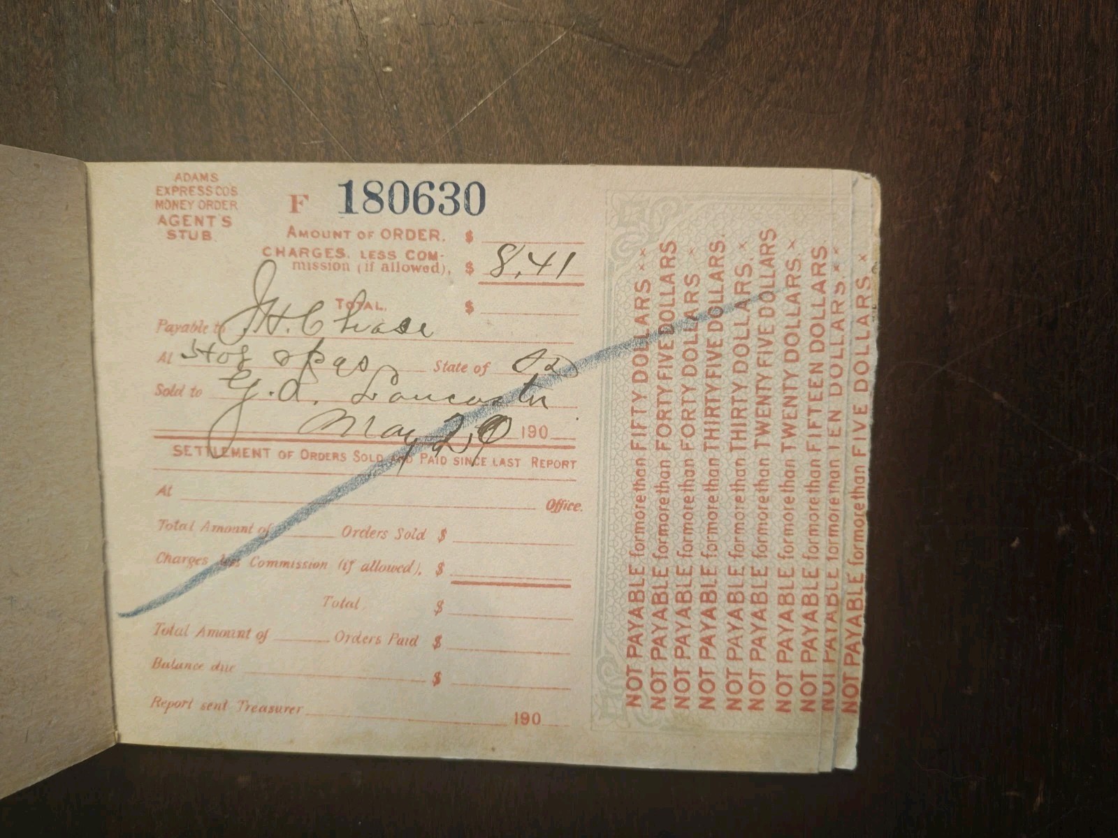 Vintage Adams Express Co’s Money Order Agent’s Stub Booklet 1901