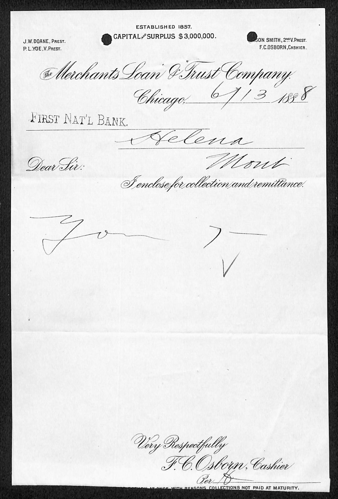 Merchants Loan & Trust Co. Chicago 1888 Payment Notice FNB Helena, MT (#1)