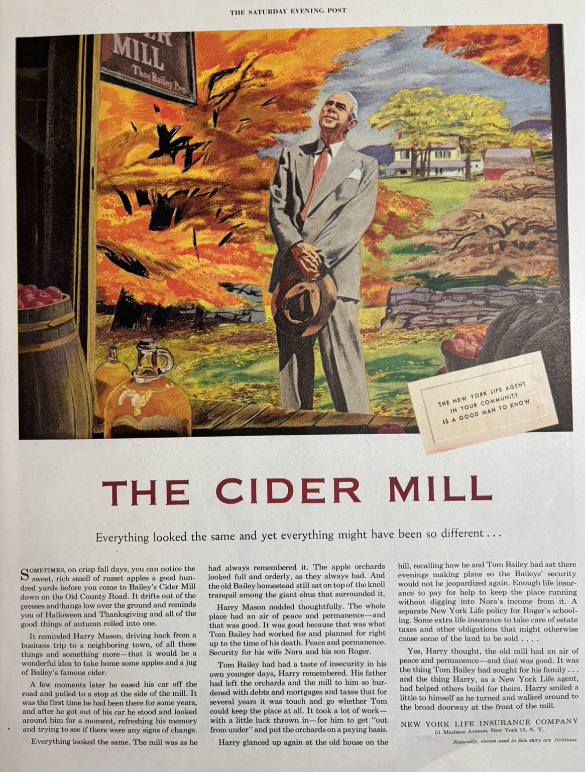 1952 New York Life Insurance Company Cider Mill Baileys Agent Vintage Print Ad
