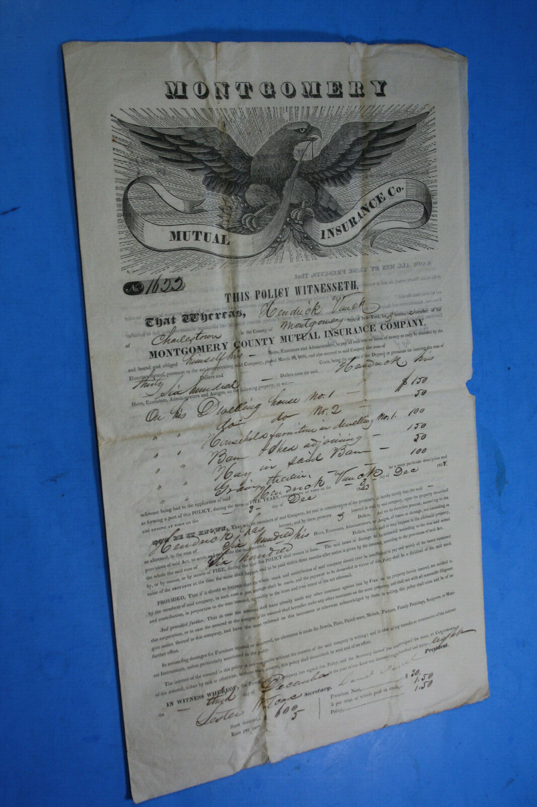 1838 MONTGOMERY COUNTY NY Charlestown VUNCK MUTUAL INSURANCE POLICY REV WAR