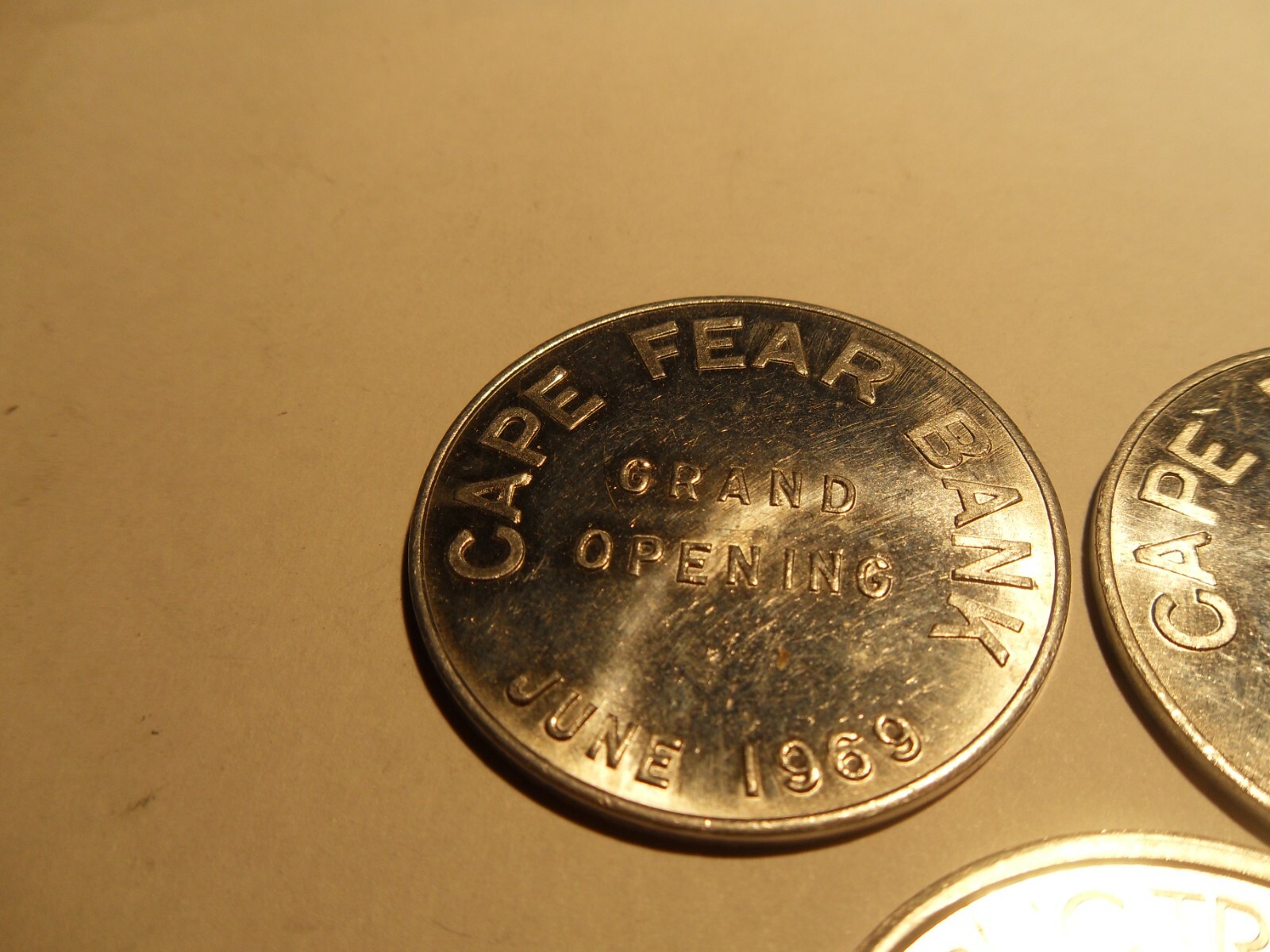 3 ALUMINUM CAPE FEAR BANK DOLLAR 1969 COIN Grand Opening & HARLAND BOYLES COIN