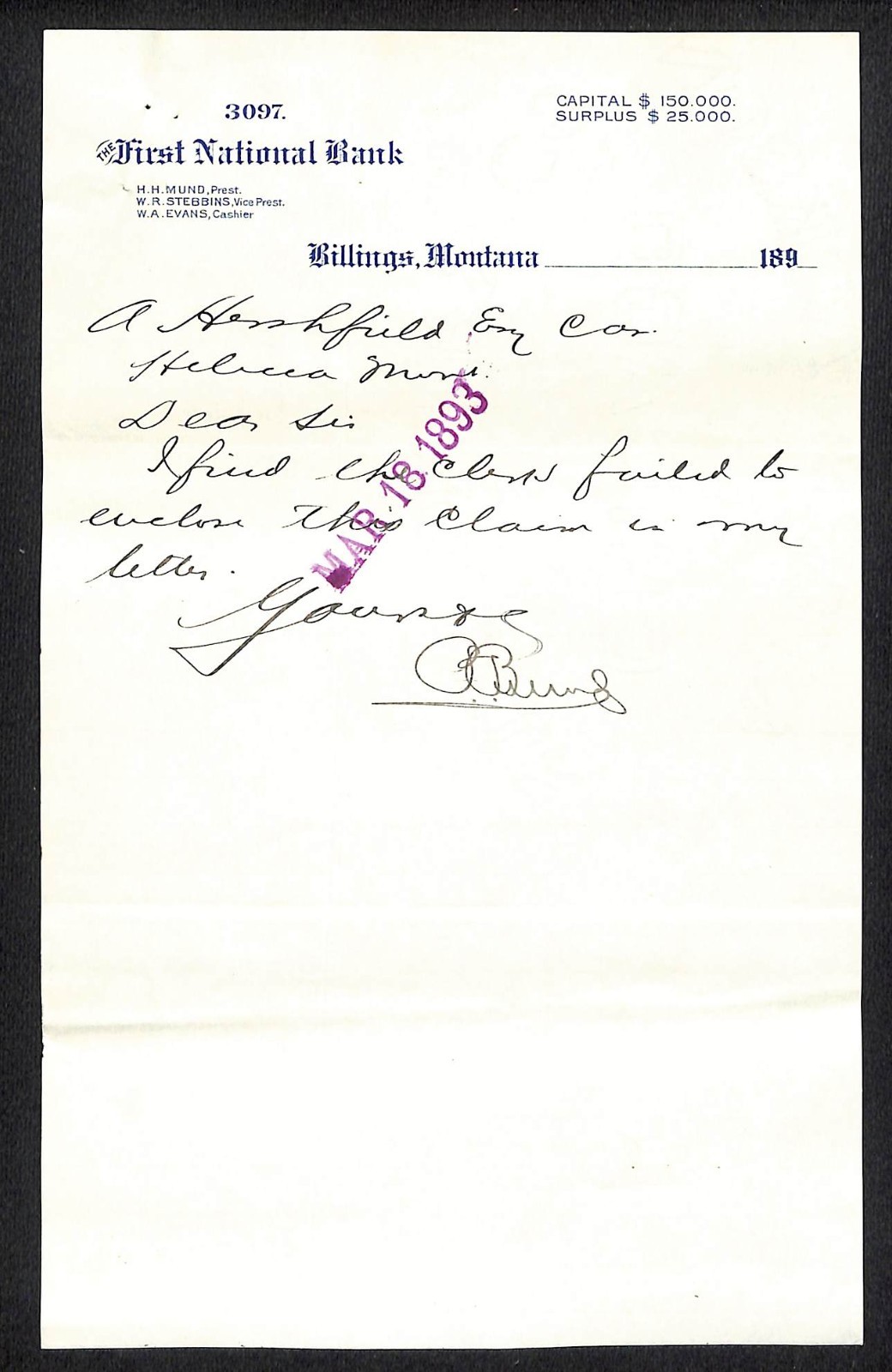 First National Bank Billings MT L.H. Hershfield* 1893 Letterhead re:Payment (#1)