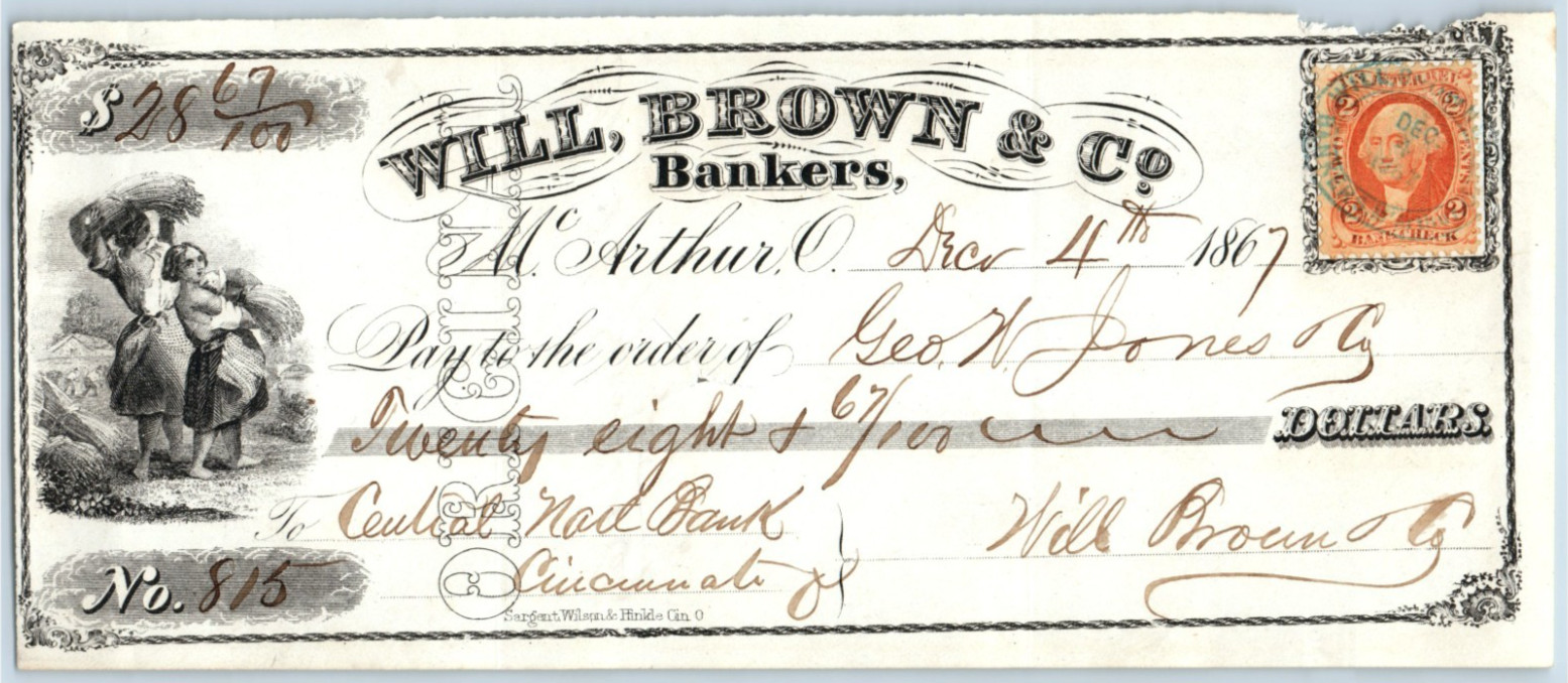 1867 Will Brown & Co Cincinnati, Ohio Bank Check w/ 2 Cent Tax Stamp 7 #DC