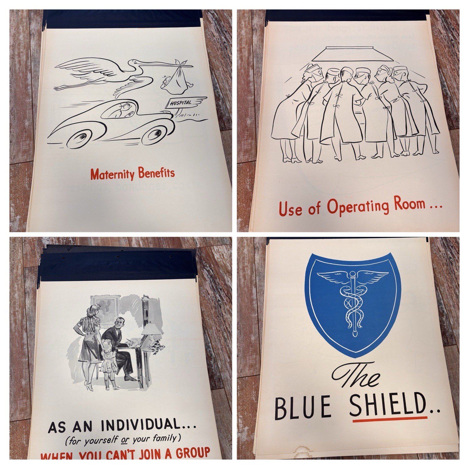 1940s Blue Shield Insurance Adverstiing Posters Presentation 32 Pieces 25×17”