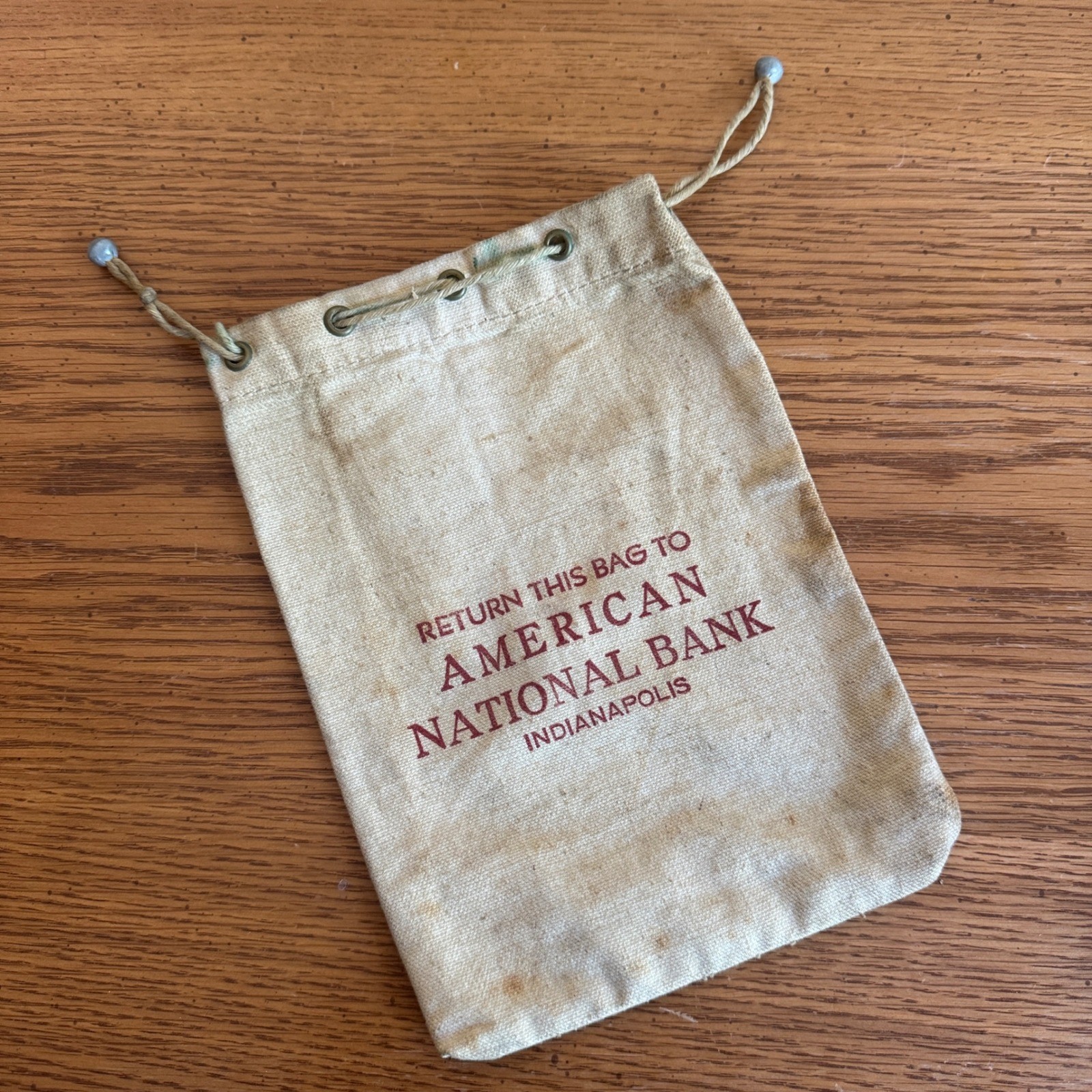 Vintage American National Bank Indianapolis Canvas Drawstring Money Bag