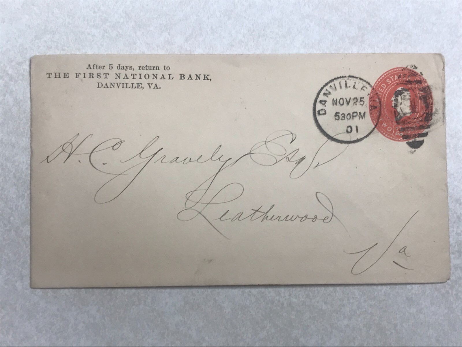 SBB129 Bank Envelope Letterhead First National Bank Danville Pennsylvania 1901
