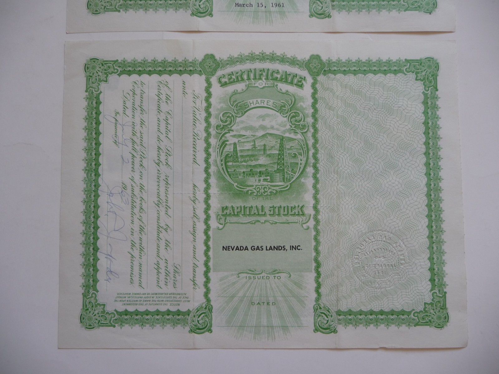 2 Vintage Nevada Gas Lands, Inc. 1961 723 & 5,000 Shares Stock Certificates