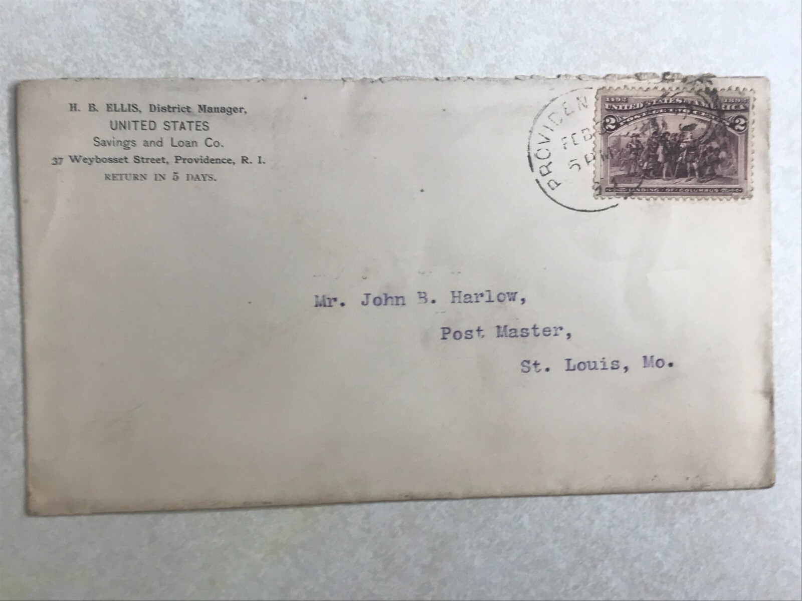 SBB98 Bank Envelope Letterhead United States Savings & Loan US Providence RI
