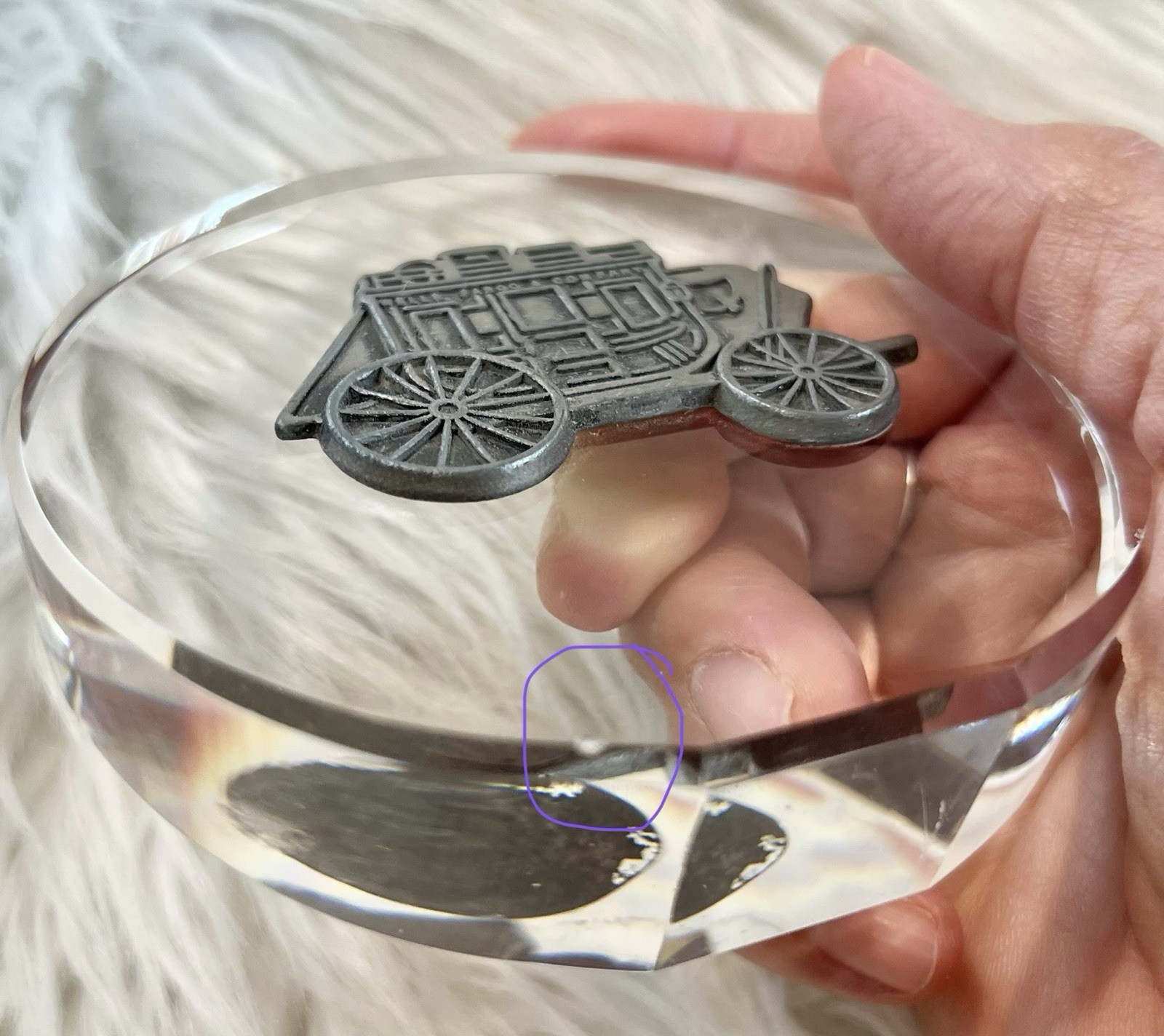Wells Fargo & Company Stagecoach Paperweight Clear Acrylic Pewter Tone Western
