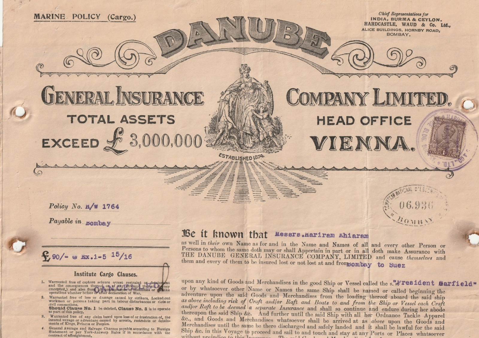 INDIA-ENGLAND Rare Insurance Policy Tied KGV British Colony Stamp 1A. 1933