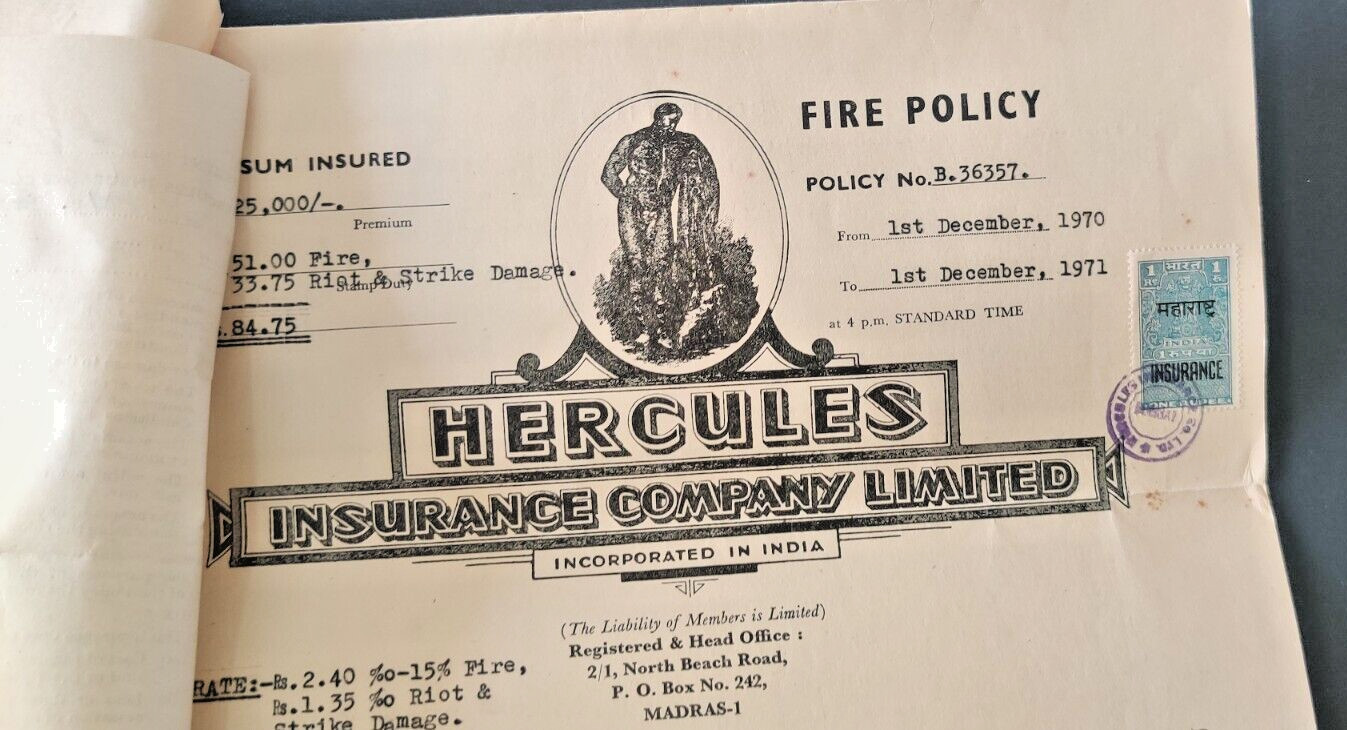 1971HERCULES INSURANCE CO LTD AUTOGRAPH SIGN fire Policy document vignette India