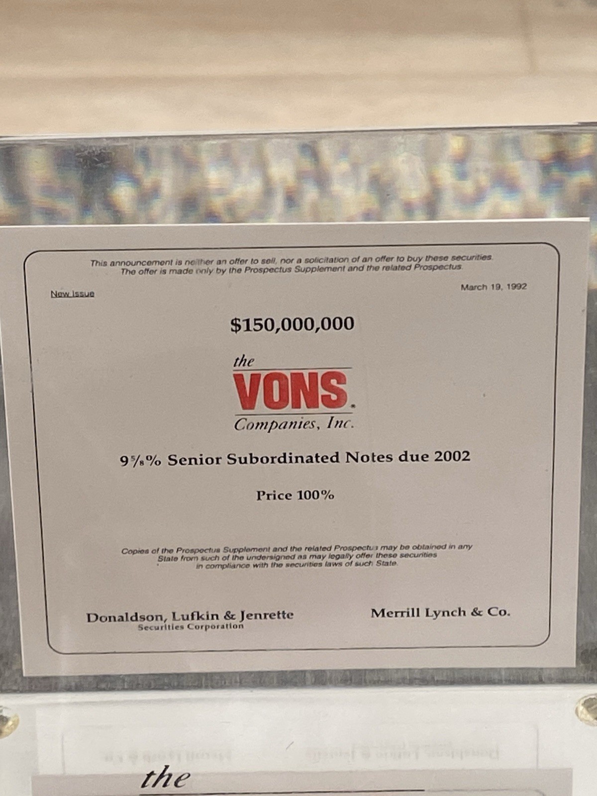 VONS lucite tombstone $150,000,000 Donaldson Lufkin Jenrette NYSE Merrill Lynch