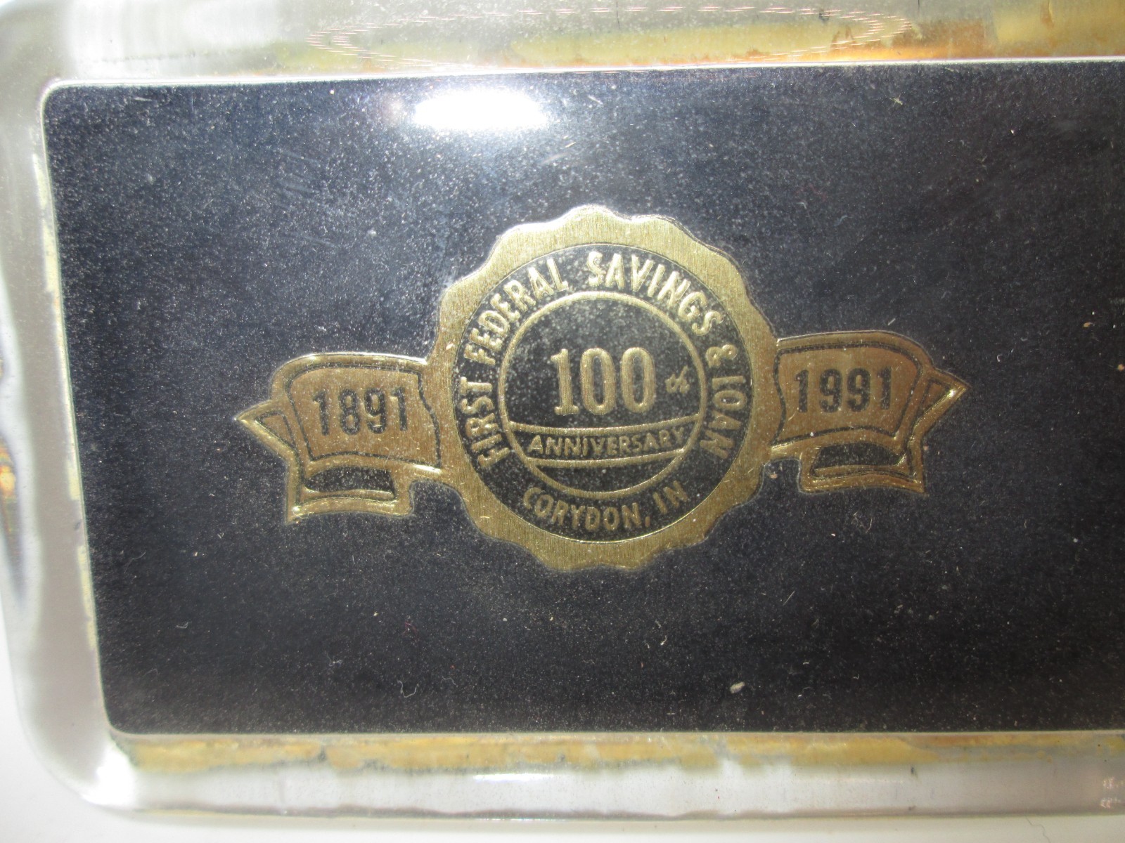 1991 First Federal Savings of Corydon IN 100th Anniversary Glass Paperweight