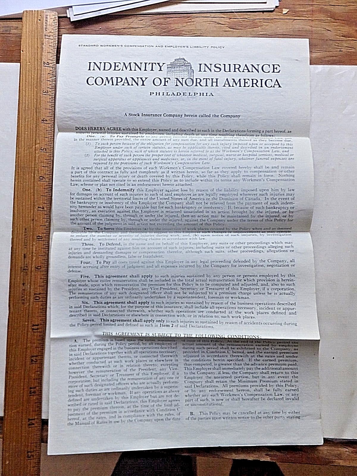 1946 Workmens Comp & Employers Liability Policy. Indemnity Ins. Of North America